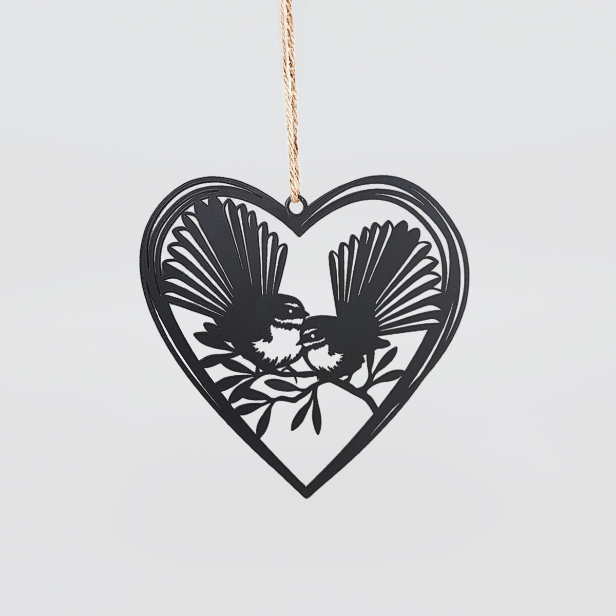 NZ Hanging Metal Heart - 'Twin Fantails'