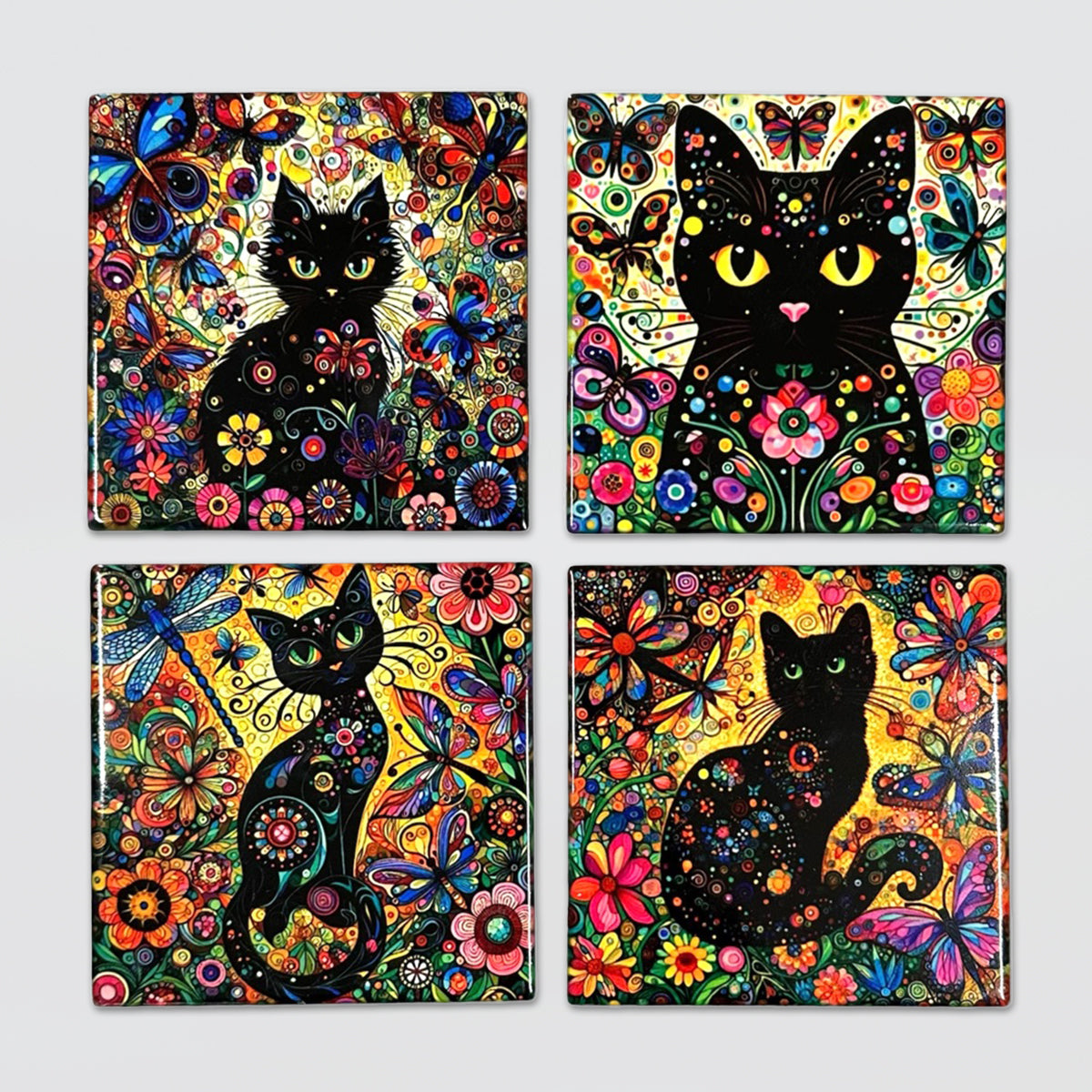 Floral Cat Ceramic Coaster - Set/4