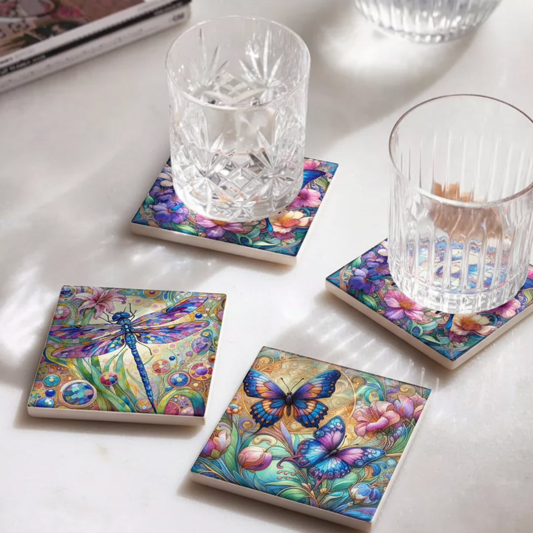 Butterfly & Dragonfly Ceramic Coaster - Set/4