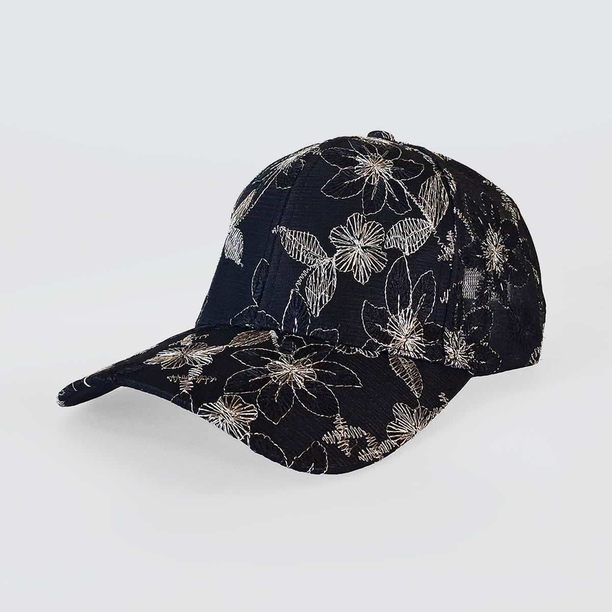 Black Embroidered Gold Flowers Cap