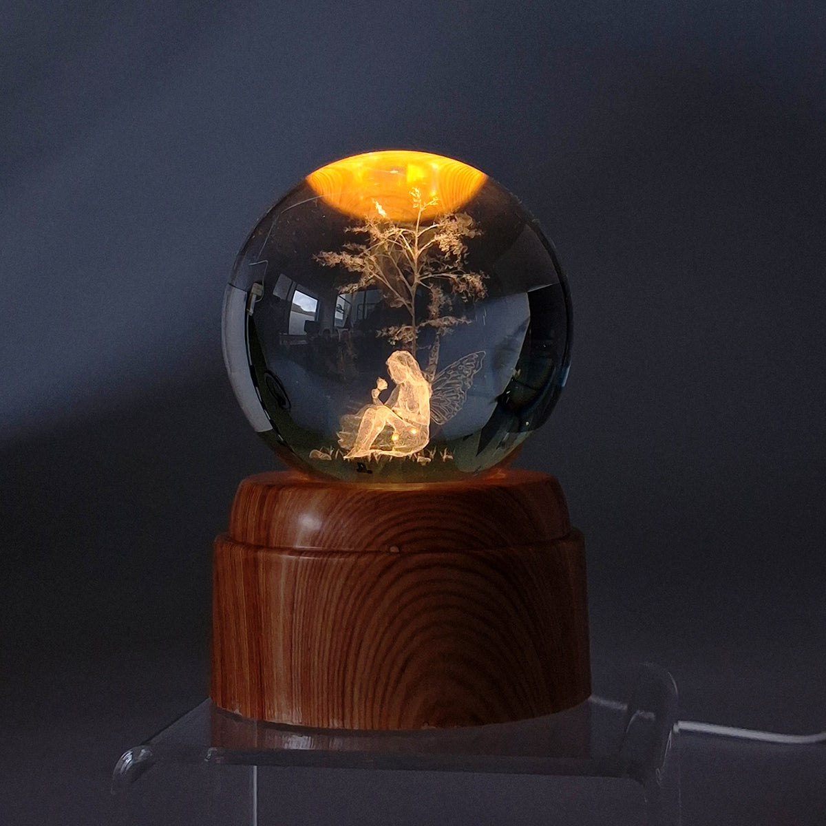 Rotating LED Glass Orb - Fairy Sitting Under Tree