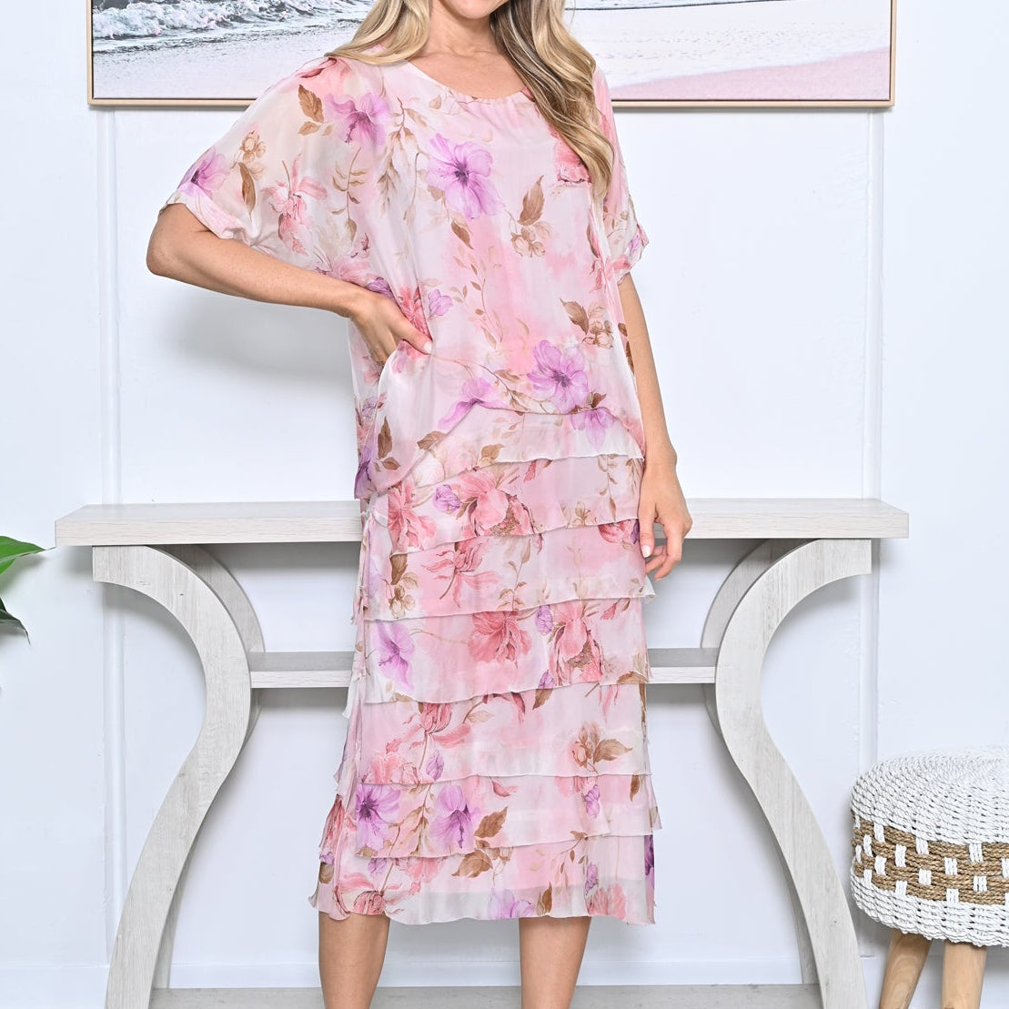 Layered Floral Silk Dress