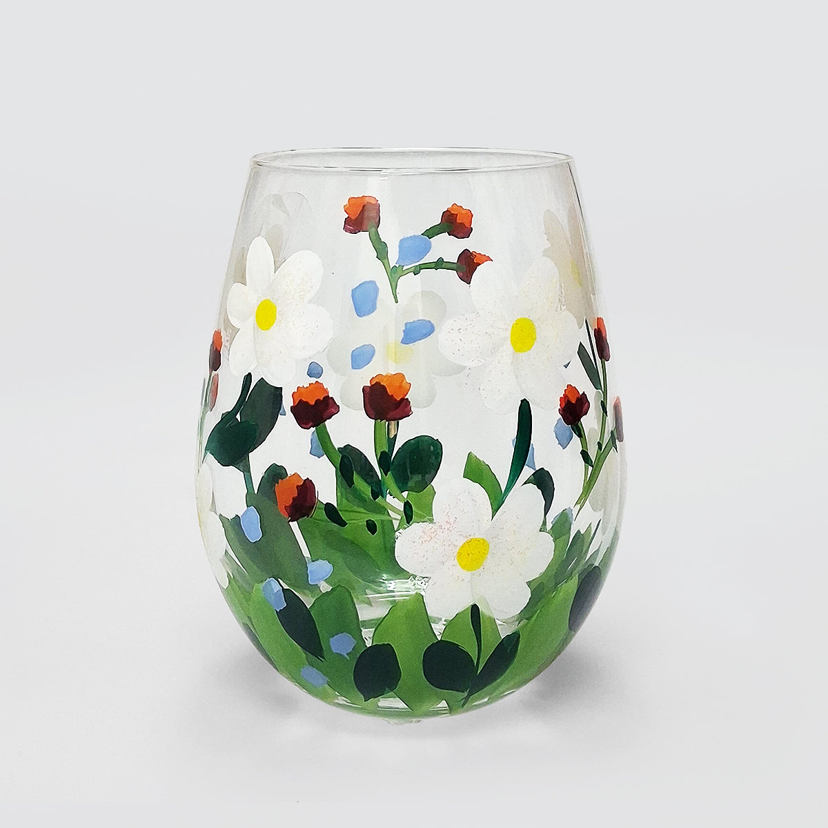 Hand Painted Stemless Glass - White Daisies