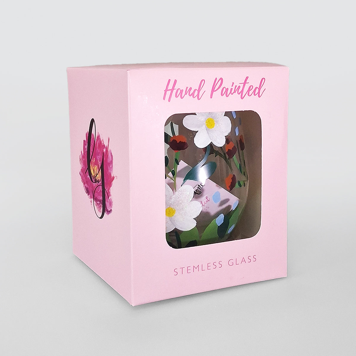 Hand Painted Stemless Glass - White Daisies
