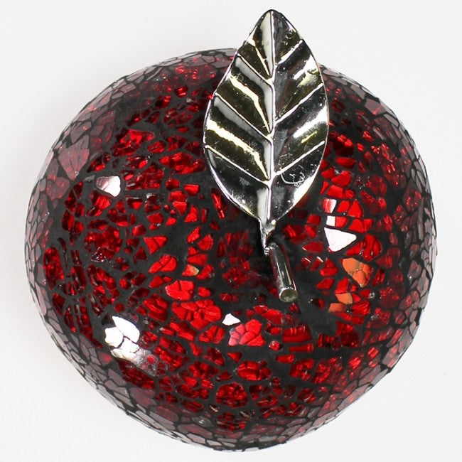 10cm Crackle-glass Red Apple with Silver-look Leaf
