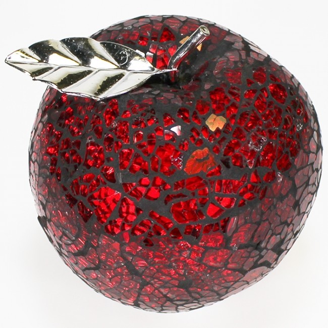 10cm Crackle-glass Red Apple with Silver-look Leaf