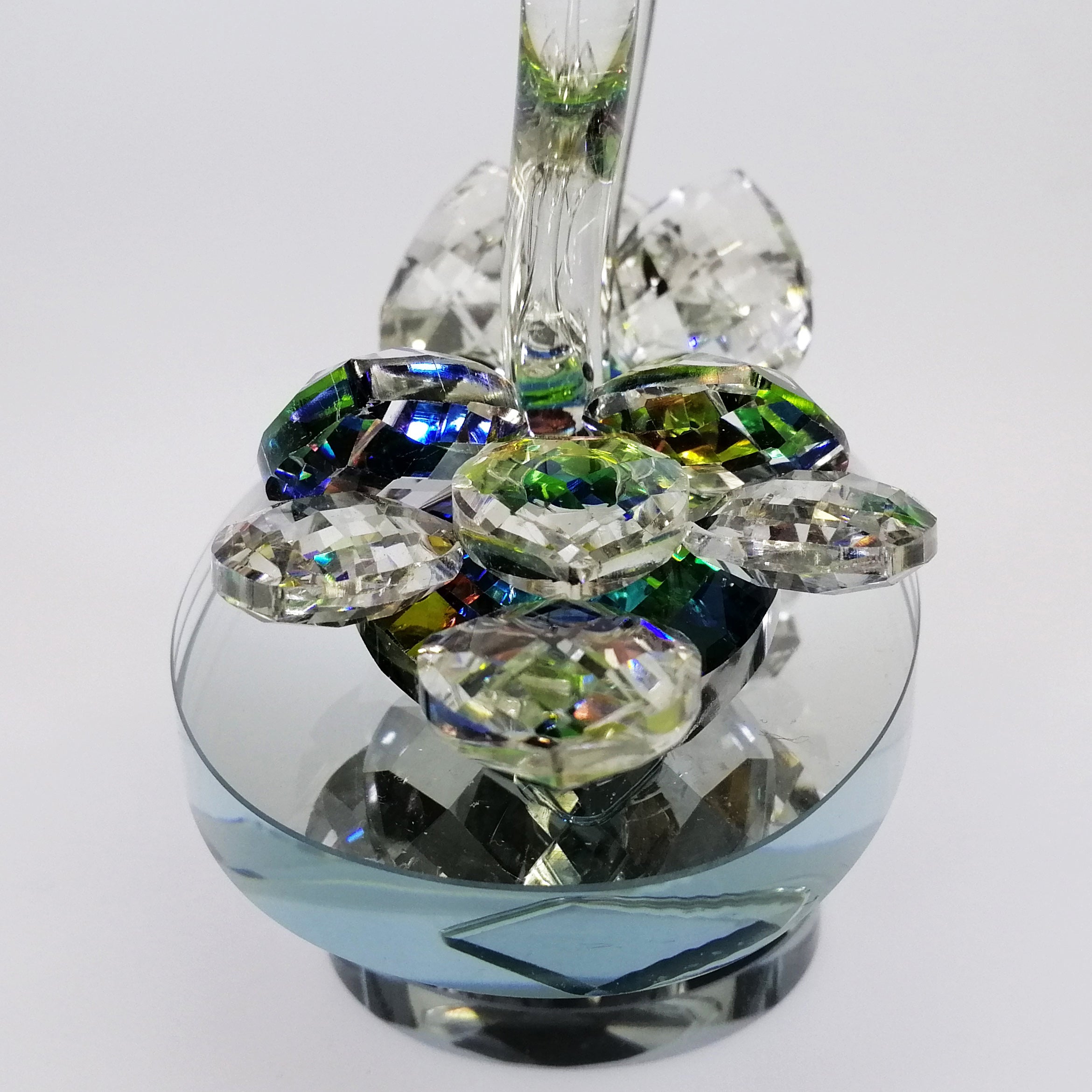 Iridescent Cut Glass Swans on Turnable Mirror Base