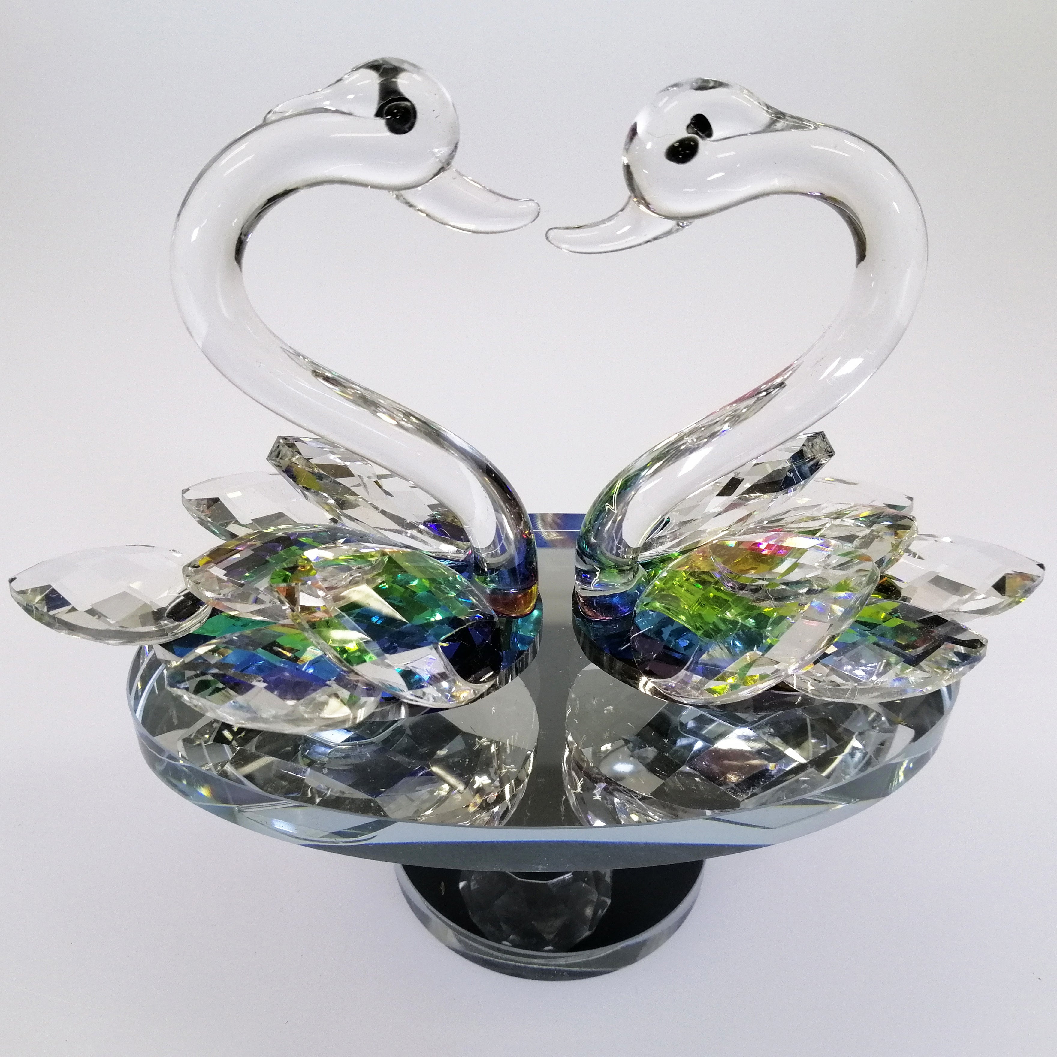 Iridescent Cut Glass Swans on Turnable Mirror Base