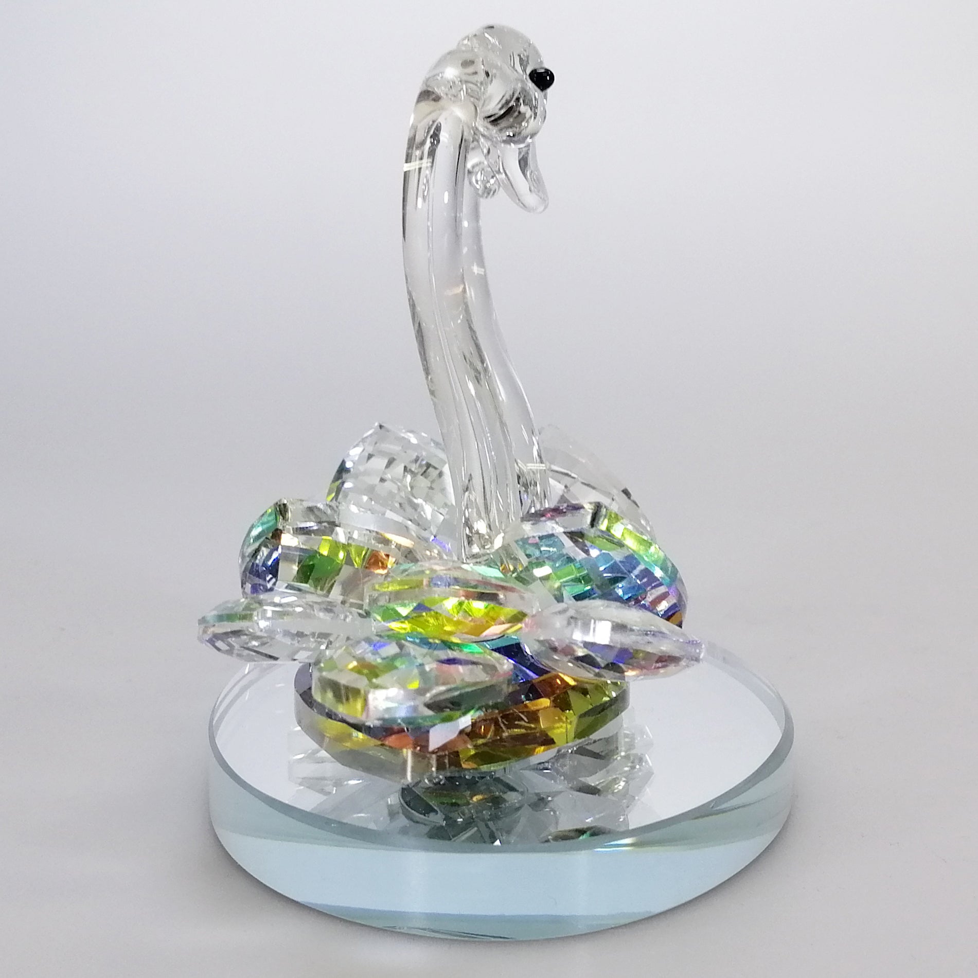 Iridescent Cut Glass Swans on Mirror Base