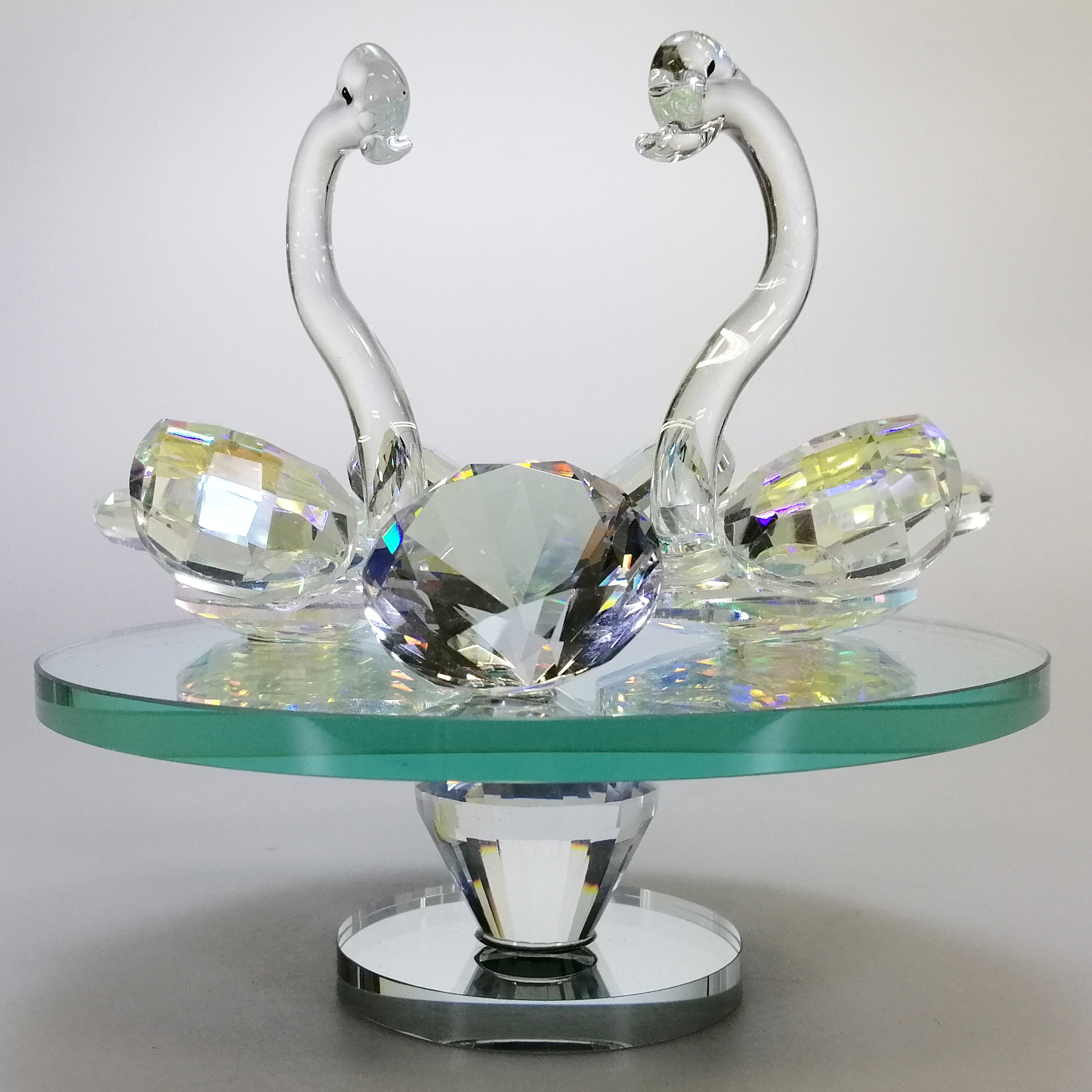 Iridescent Cut Glass Swans with Gem on Turnable Mirror Base