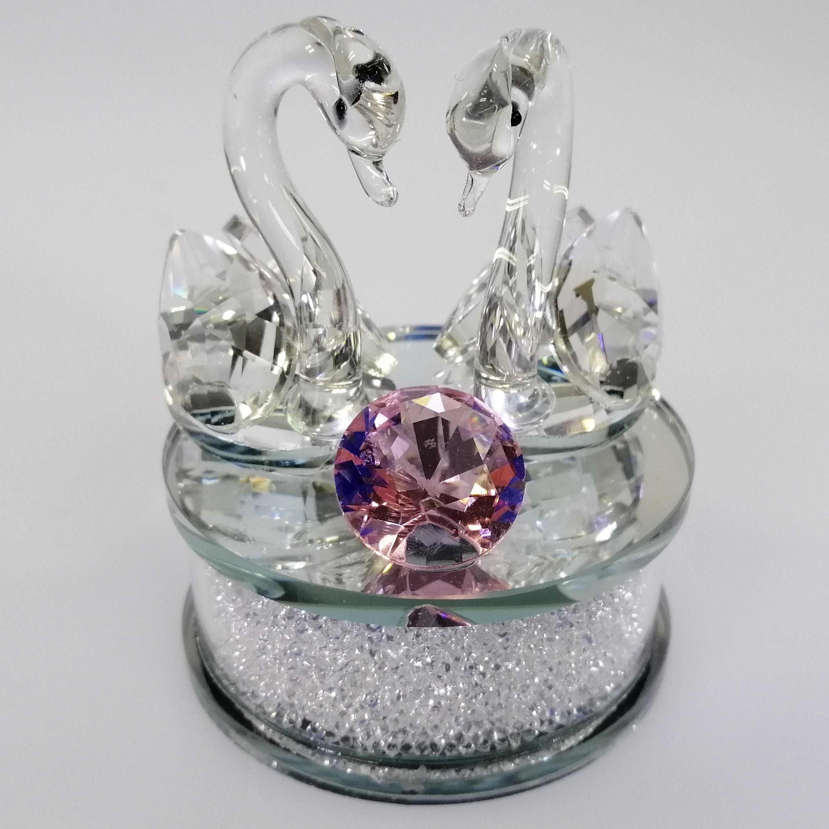 Cut Glass Swans with Pink Diamond on Sparkly Base