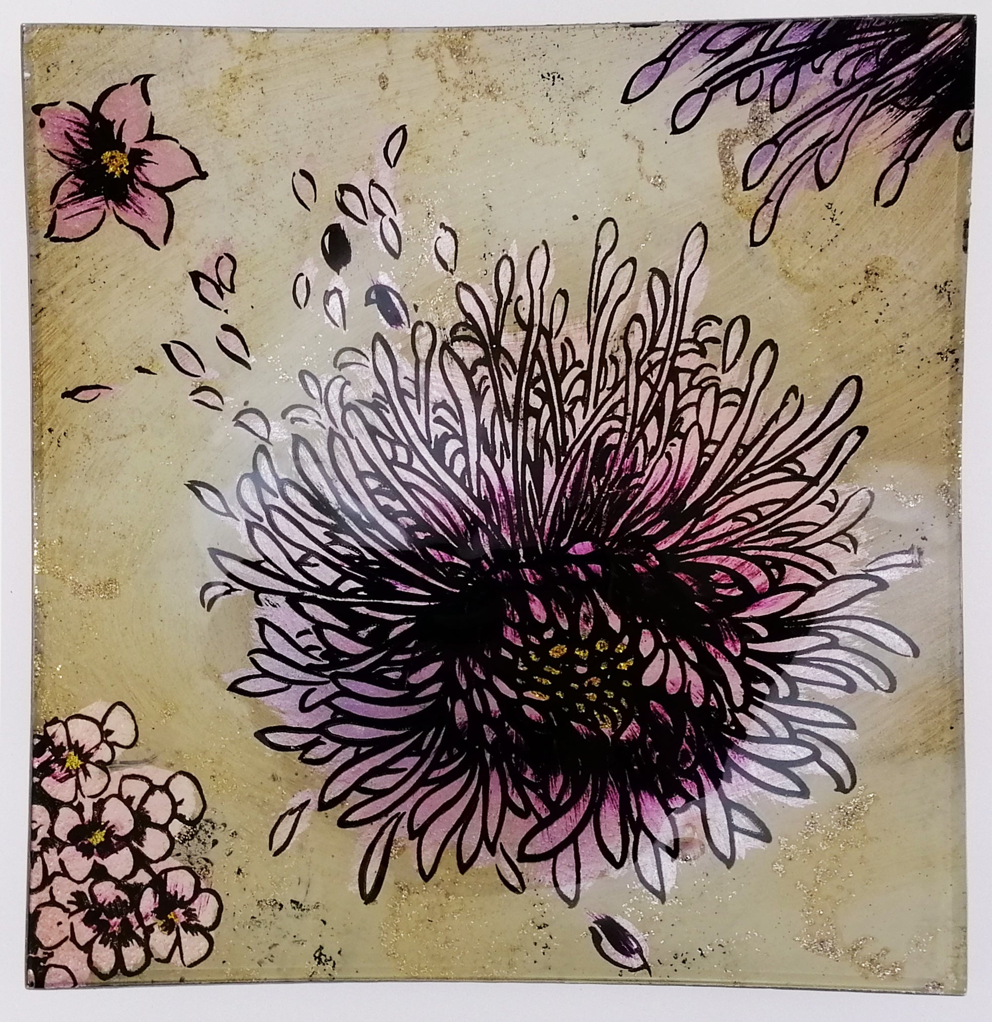Glass Plate - Small Square - Purple Flowers