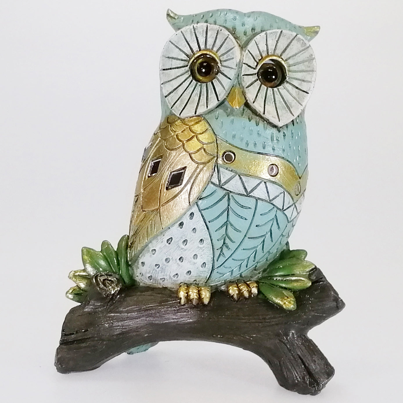 Deco Owl on Branch - Blue & Gold - Medium