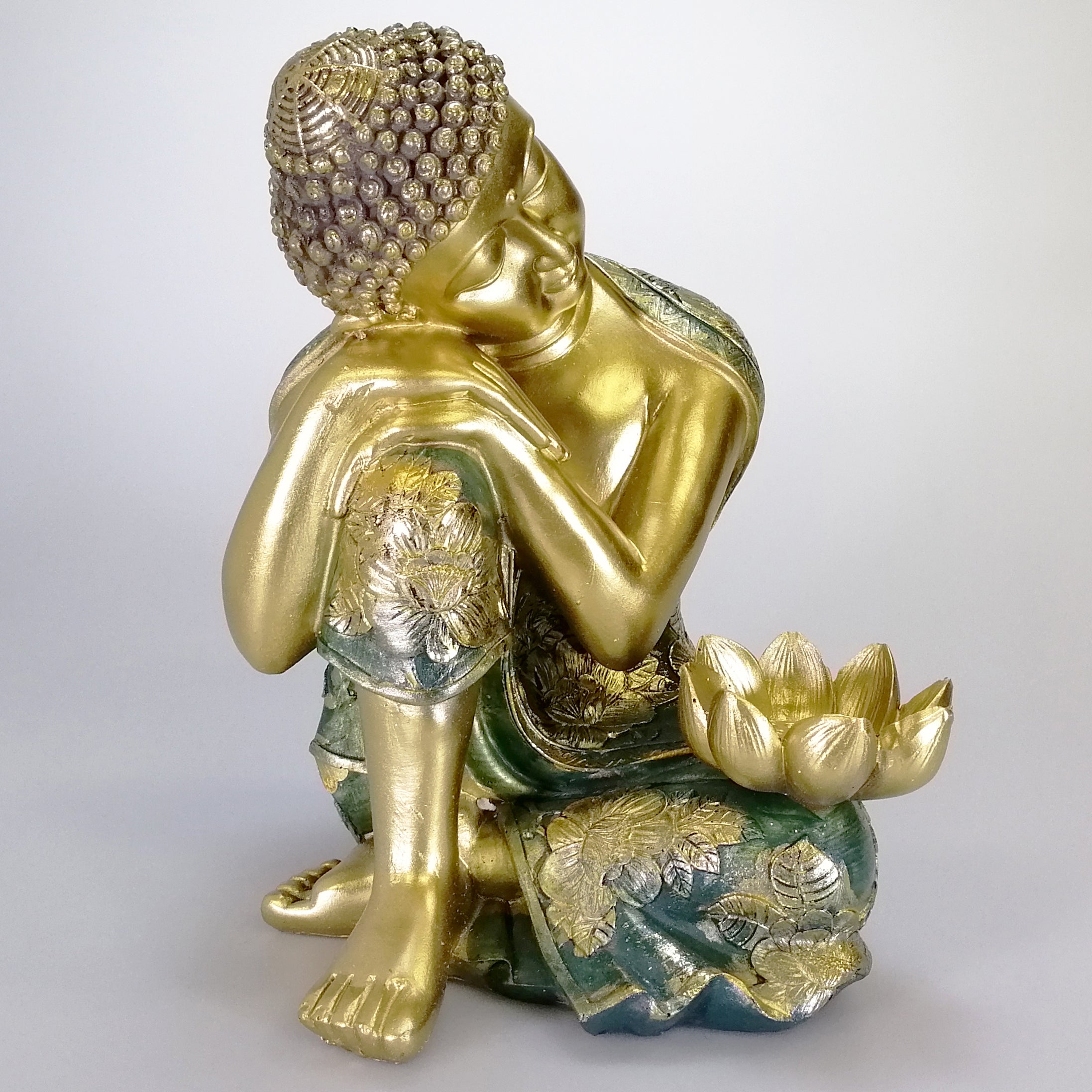 Buddha Figure - Painted Green and Gold - Tealight Holder