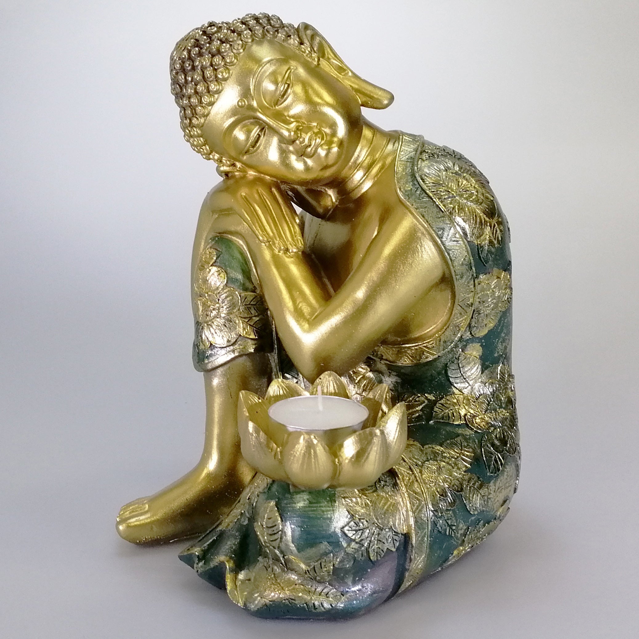 Buddha Figure - Painted Green and Gold - Tealight Holder