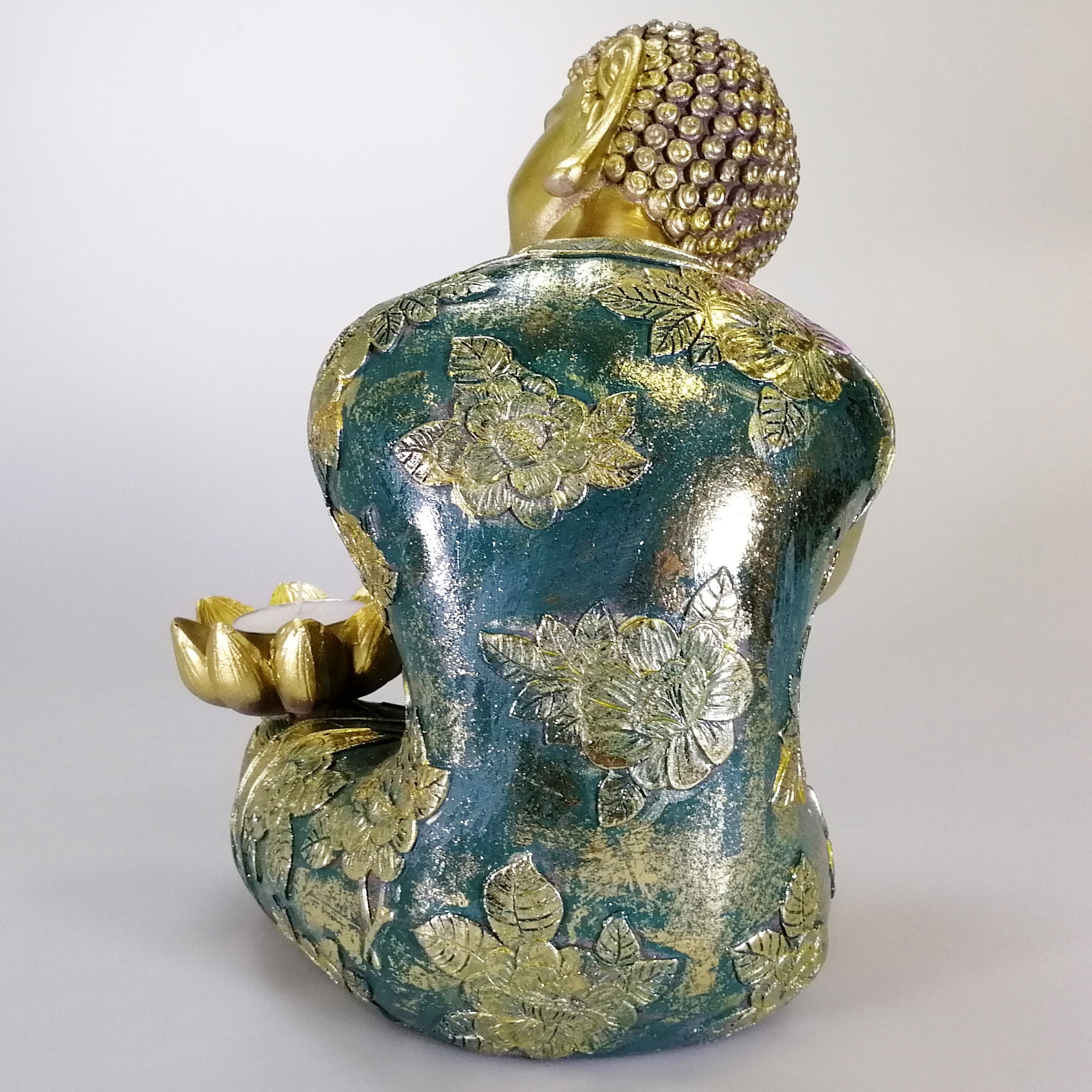 Buddha Figure - Painted Green and Gold - Tealight Holder