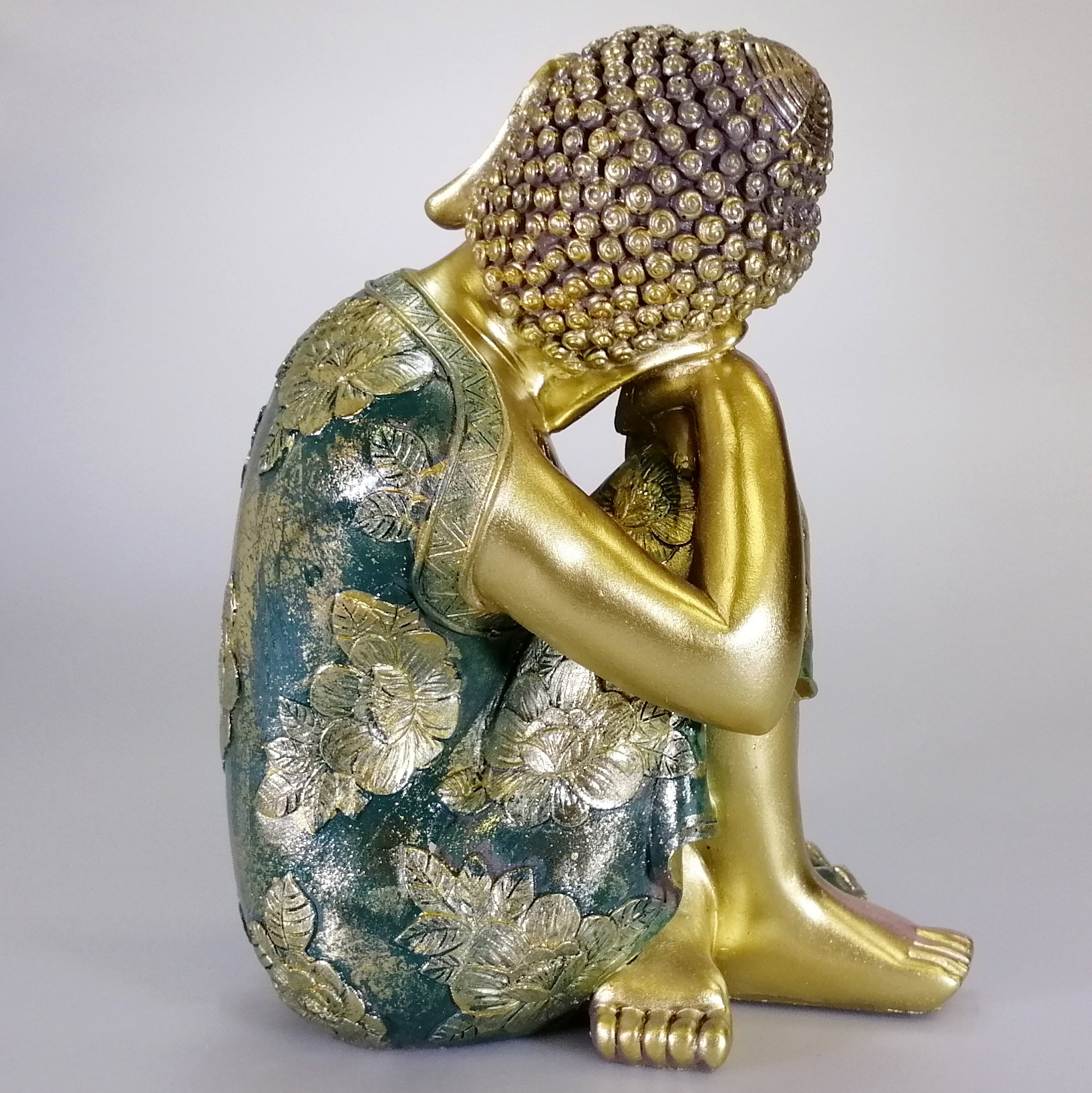 Buddha Figure - Painted Green and Gold - Tealight Holder