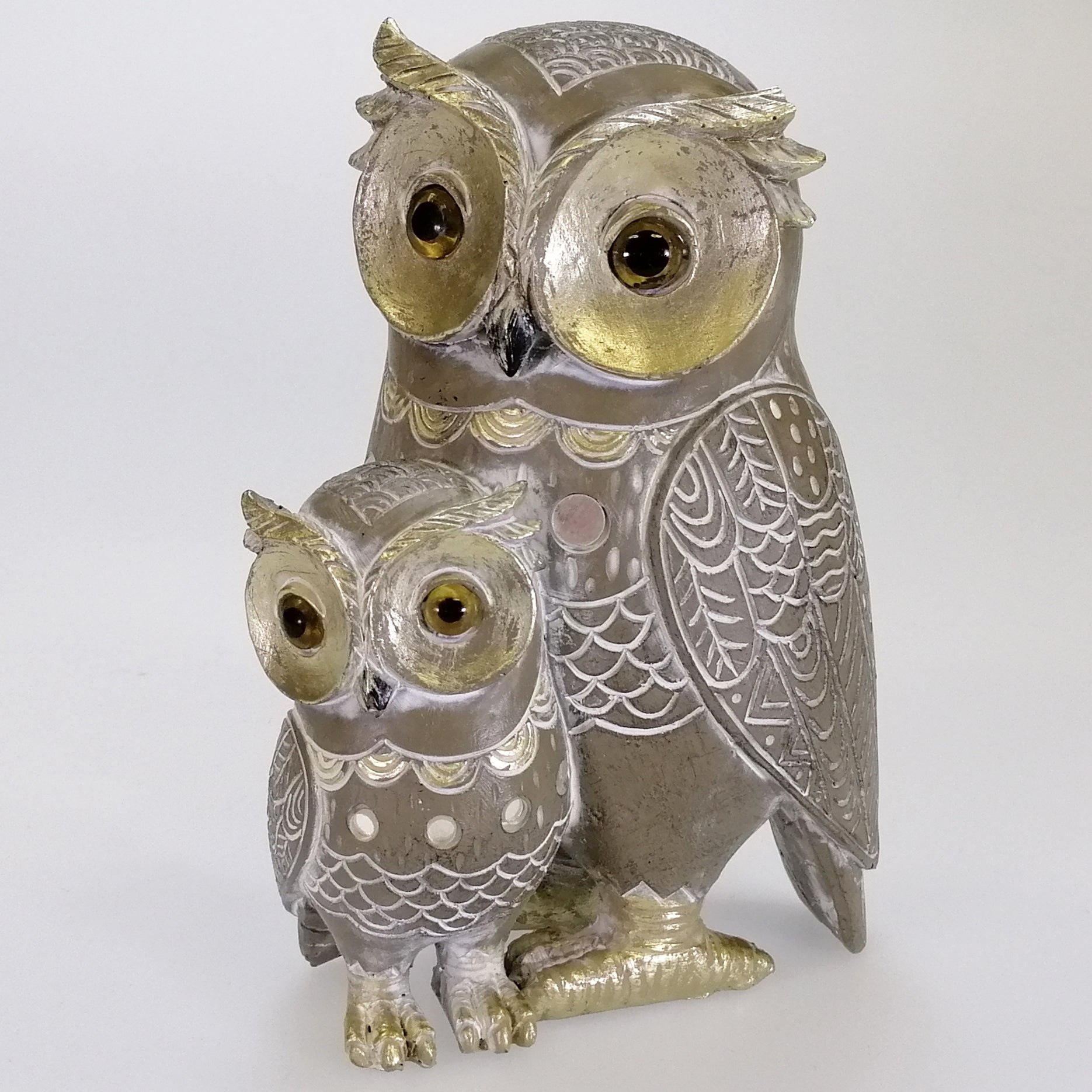 Owl with Chick Figurine - Grey & Gold