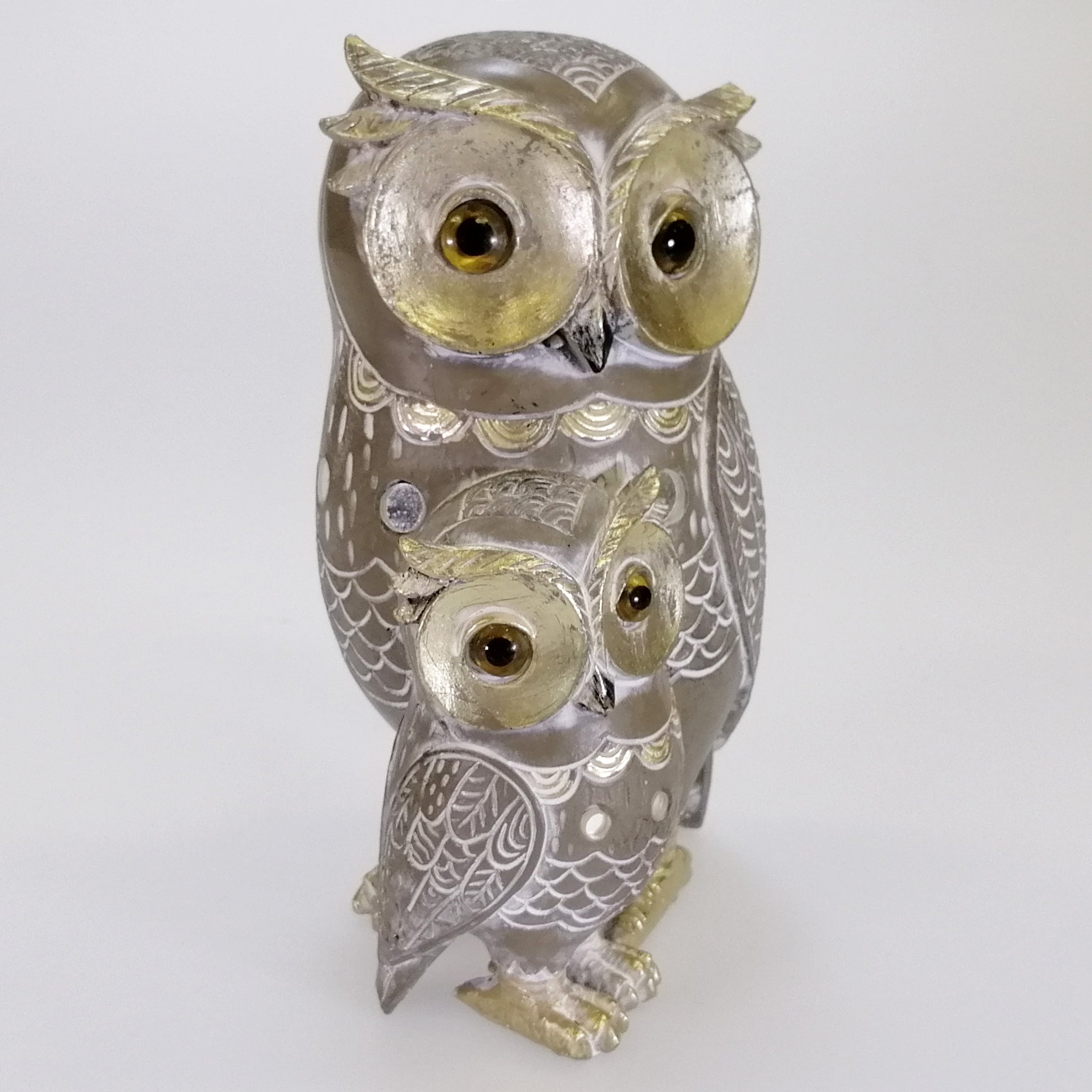 Owl with Chick Figurine - Grey & Gold