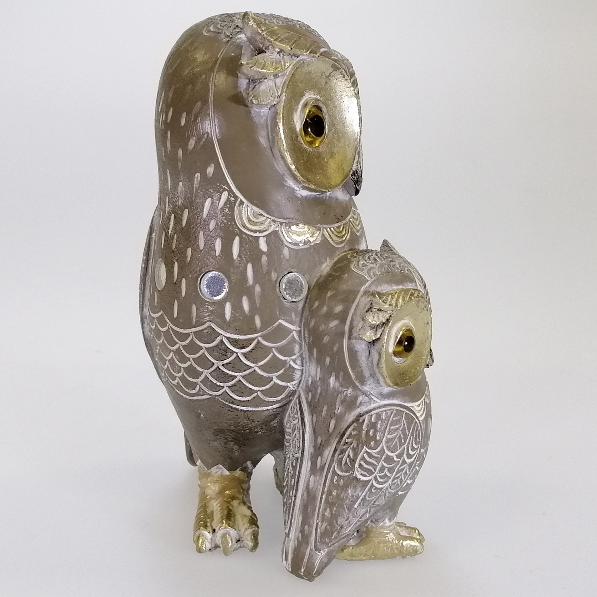 Owl with Chick Figurine - Grey & Gold