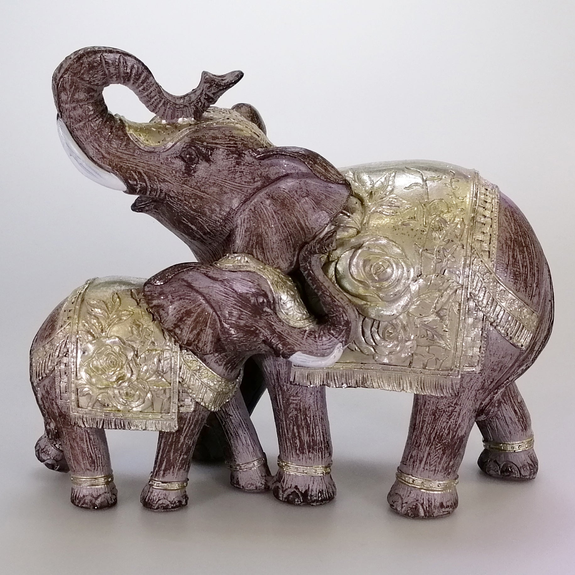 Resin Elephant & Calf With Silver-Look Blankets