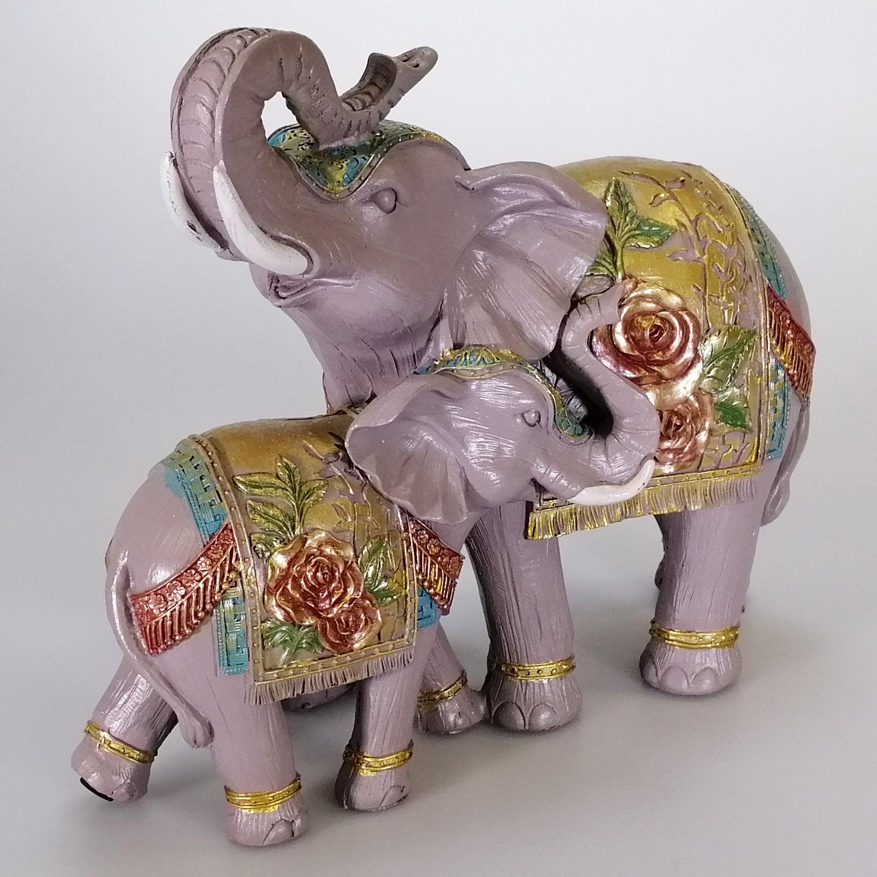 Resin Elephant & Calf With Floral Blankets