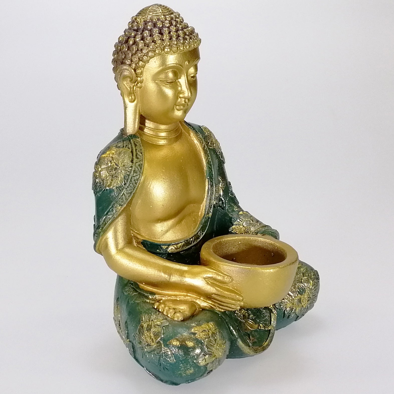 Buddha Candle Holder - Painted Green and Gold