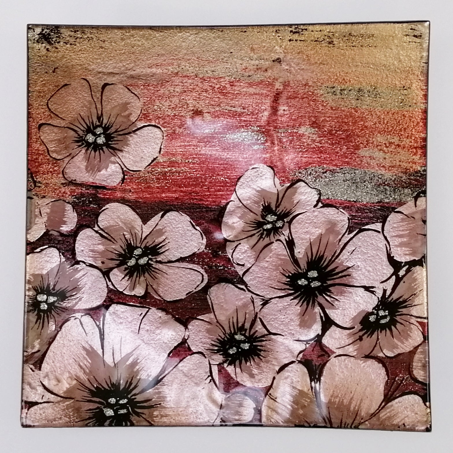 Glass Plate - Small Square - Pink Blossoms