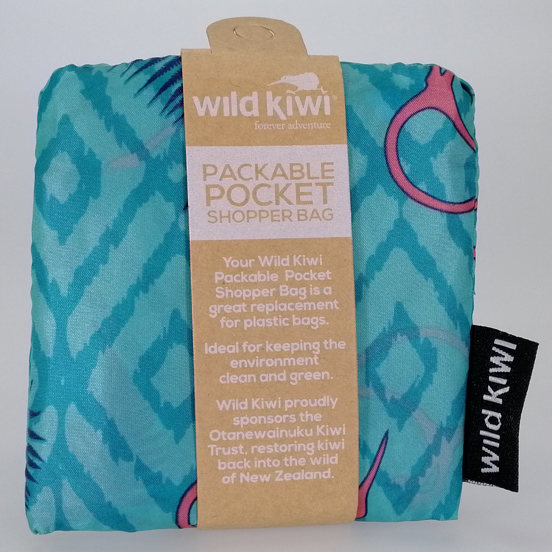 Wild Kiwi Packable Pocket Shopping Bag - Kiwi & Ferns