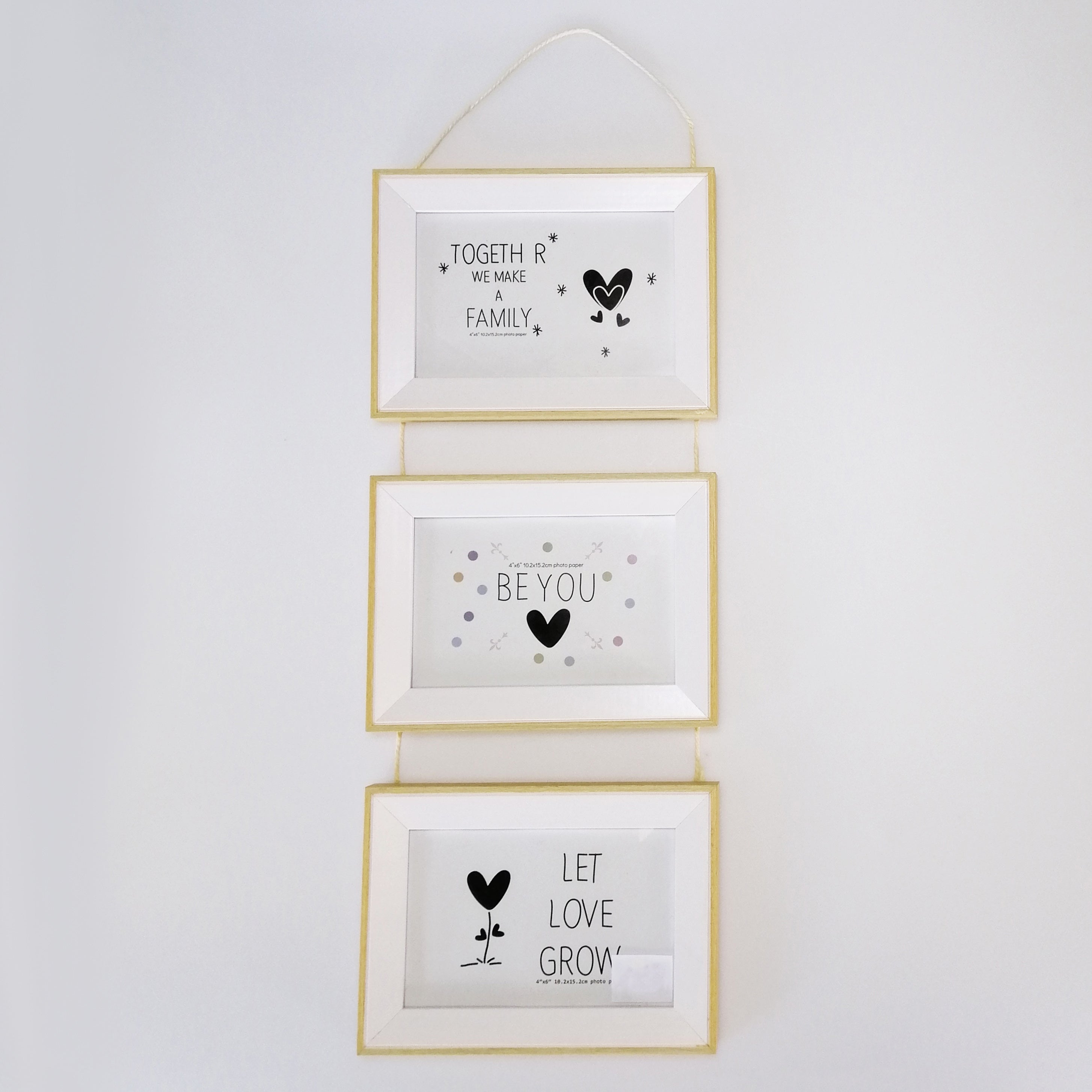 Hanging Photo Frames - White & Beige - Triple Horizontal 4" x 6"