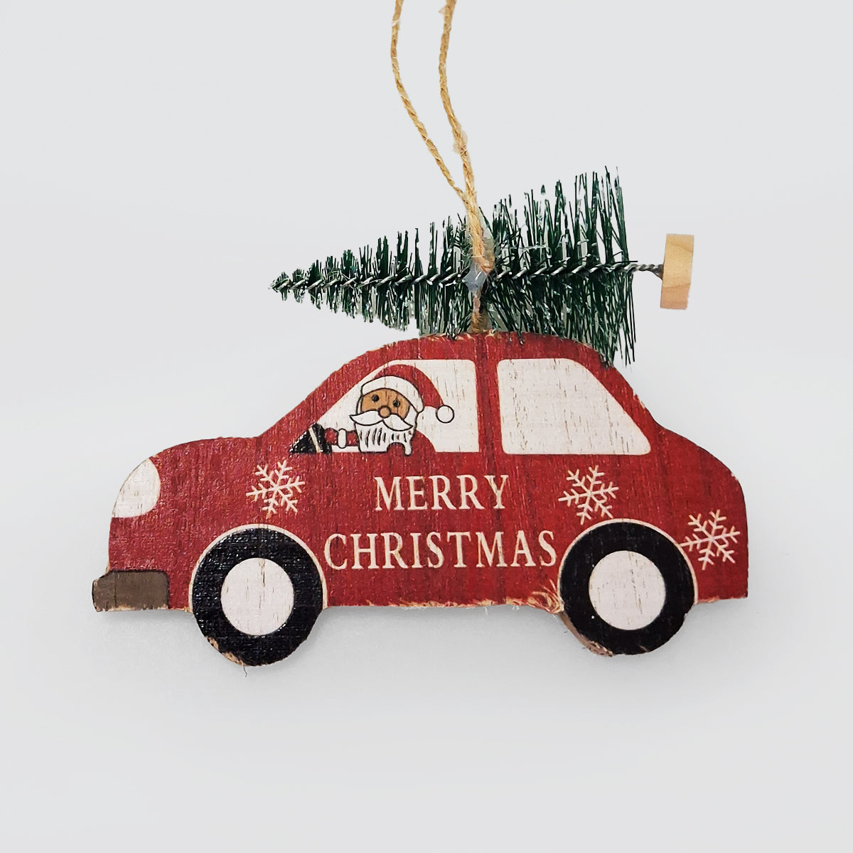 Wooden Hanging Santa In Car Ornament