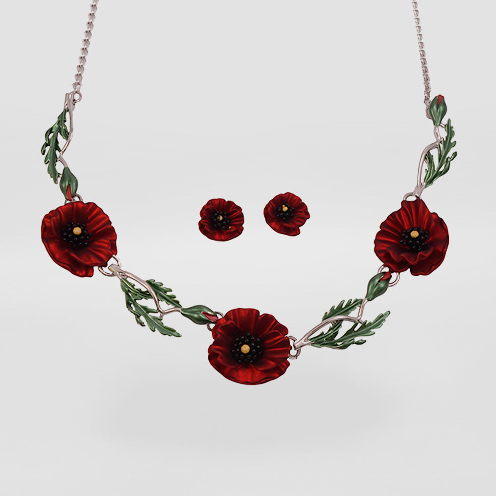 Poppy & Leaves Rhodium Necklace Set