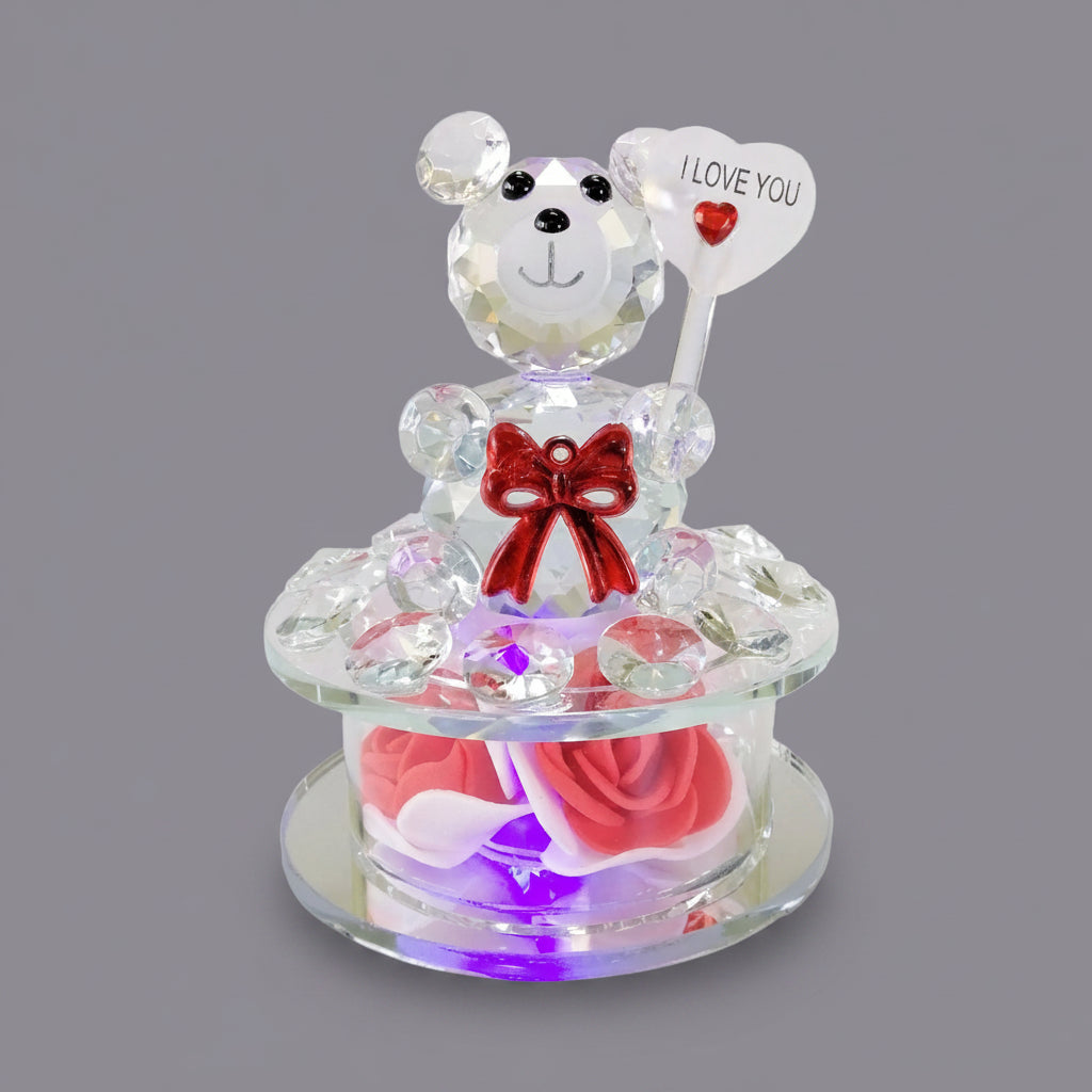 Cut Glass 'I Love You' Teddy with Flower & LED Base