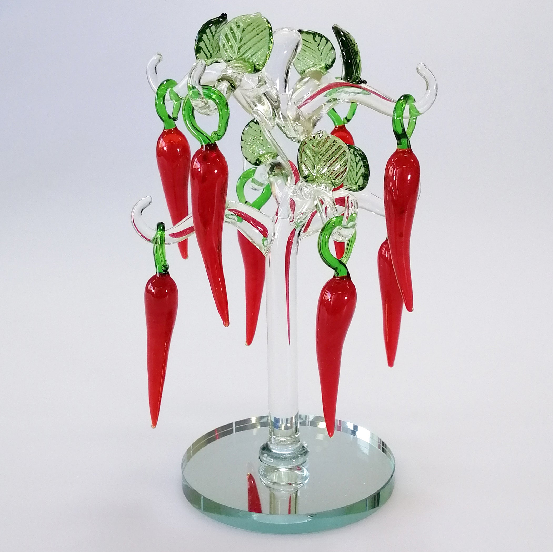 Shaped Glass Red Chilli Pepper Tree - Clear Trunk & Mirrored Base