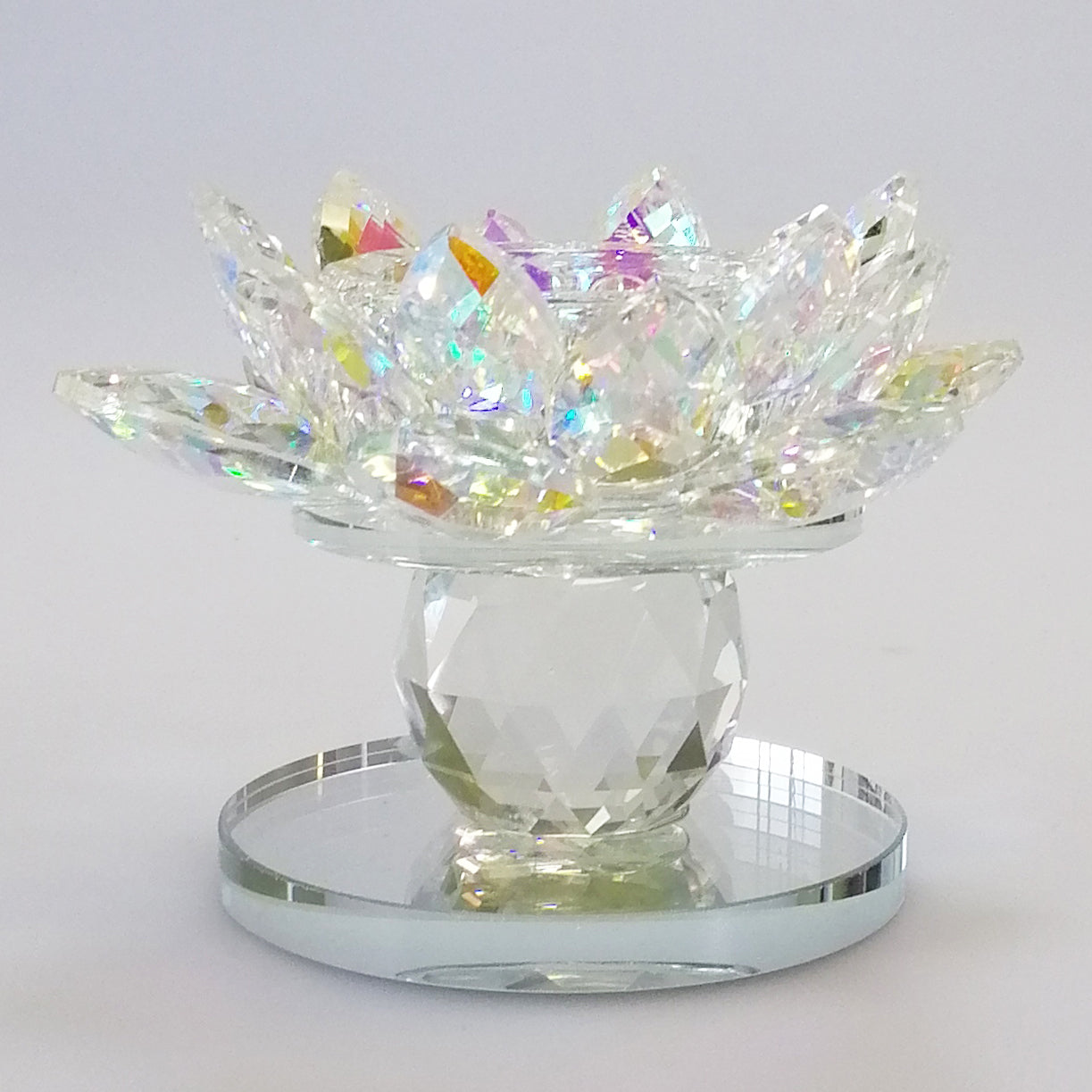 Iridescent Cut Glass Flower Candlestand With Mirror Base