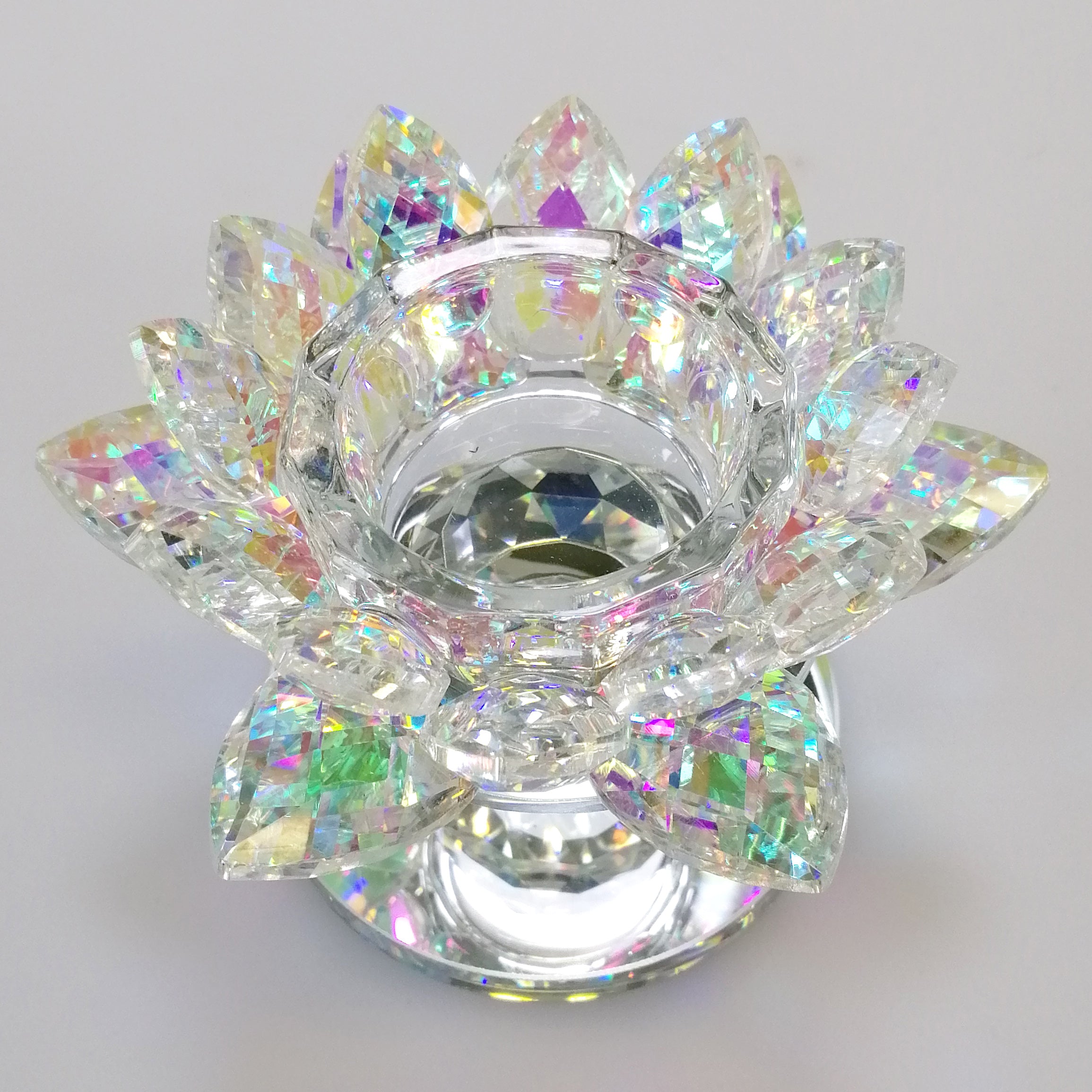 Iridescent Cut Glass Flower Candlestand With Mirror Base