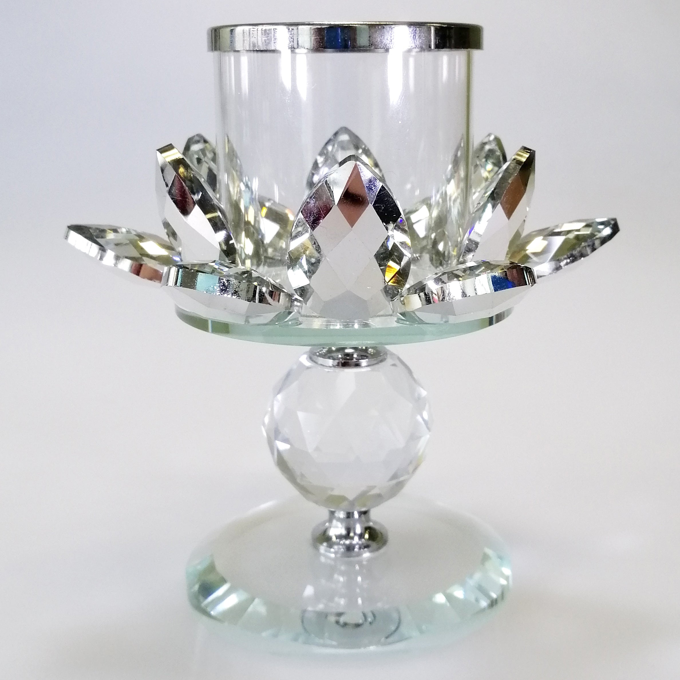 Clear Glass Flower Candlestand with Silver-Look Petals