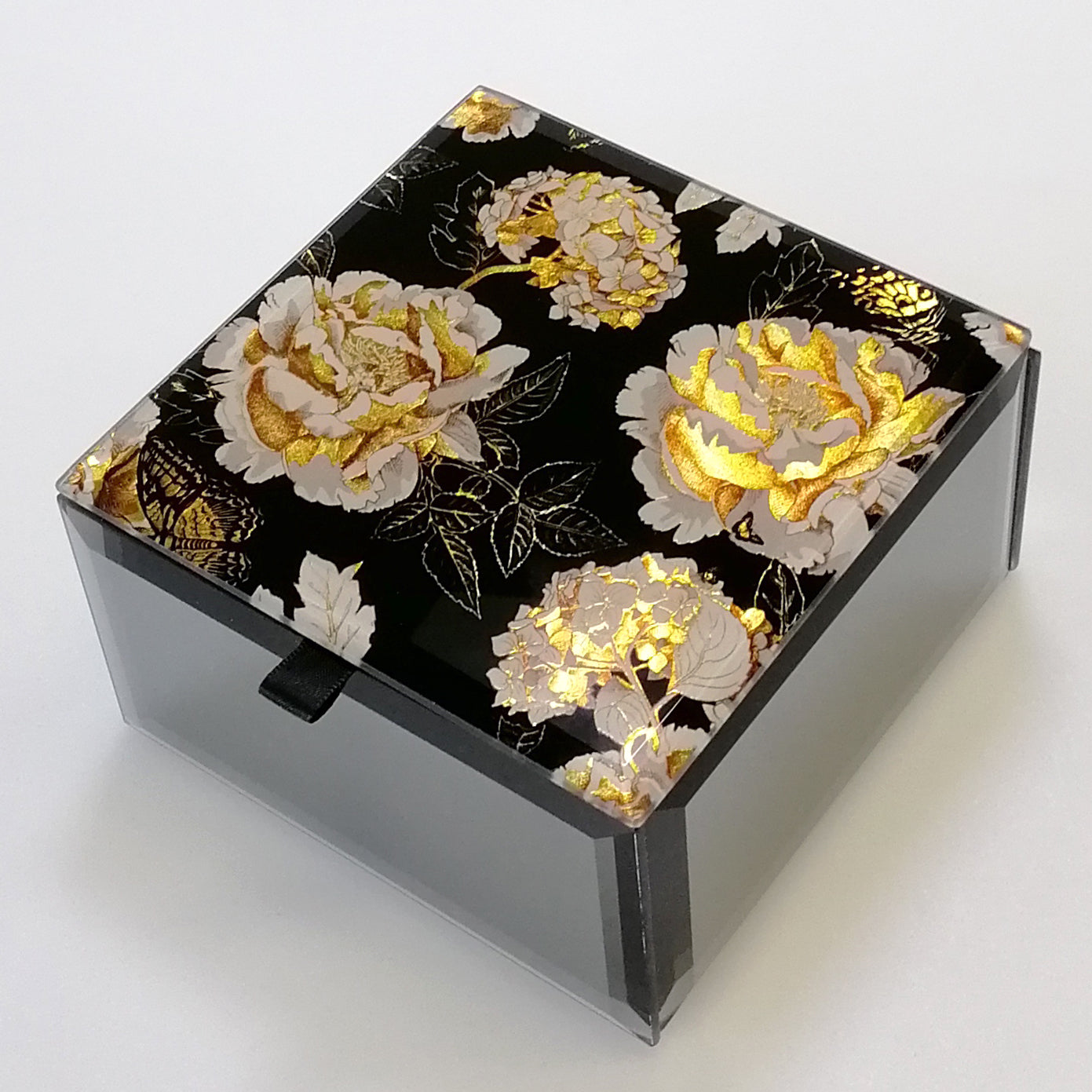 Glass Jewellery Box - Metallic Golden Flowers