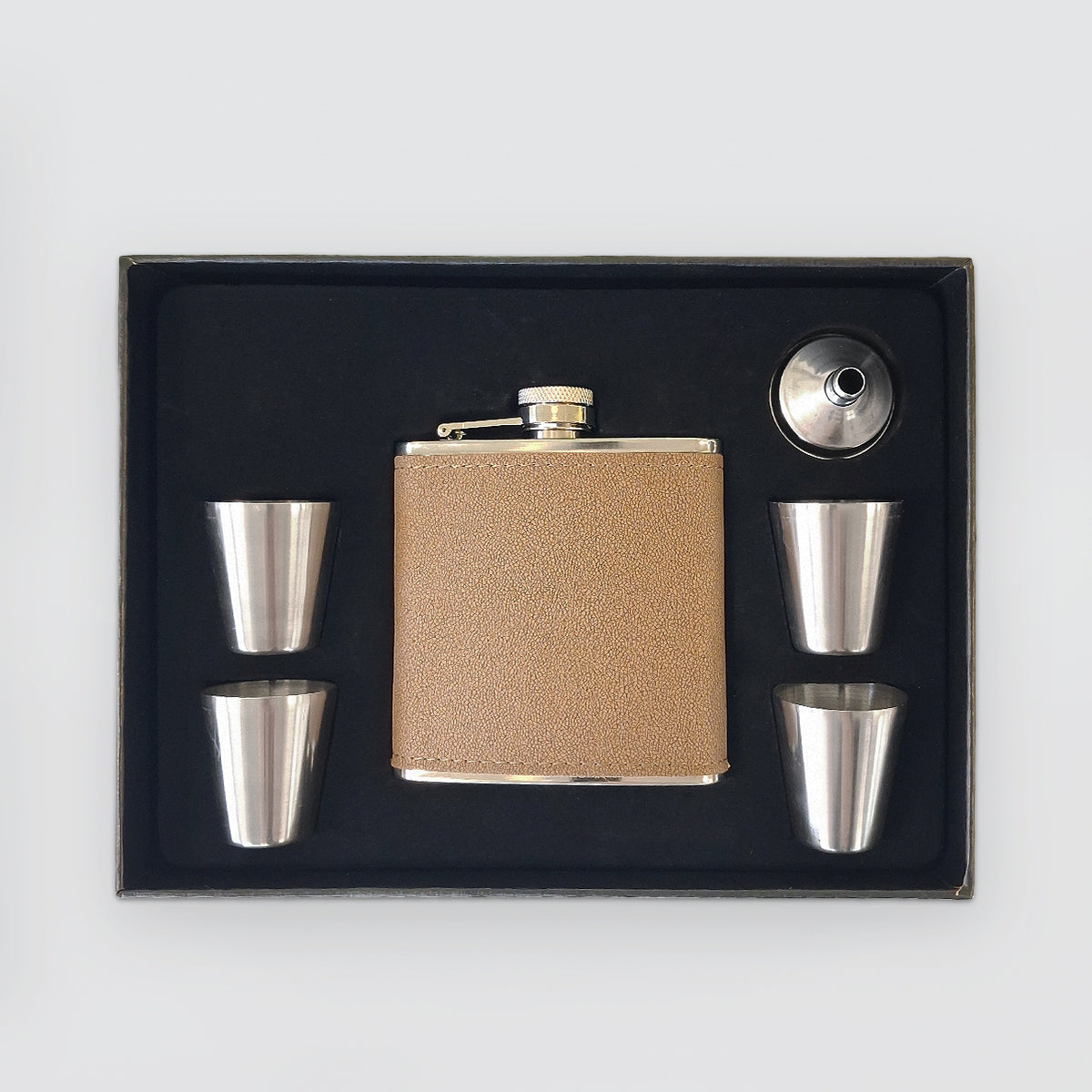 Stainless Hip-Flask Set With 4 Shot Glasses - Tan