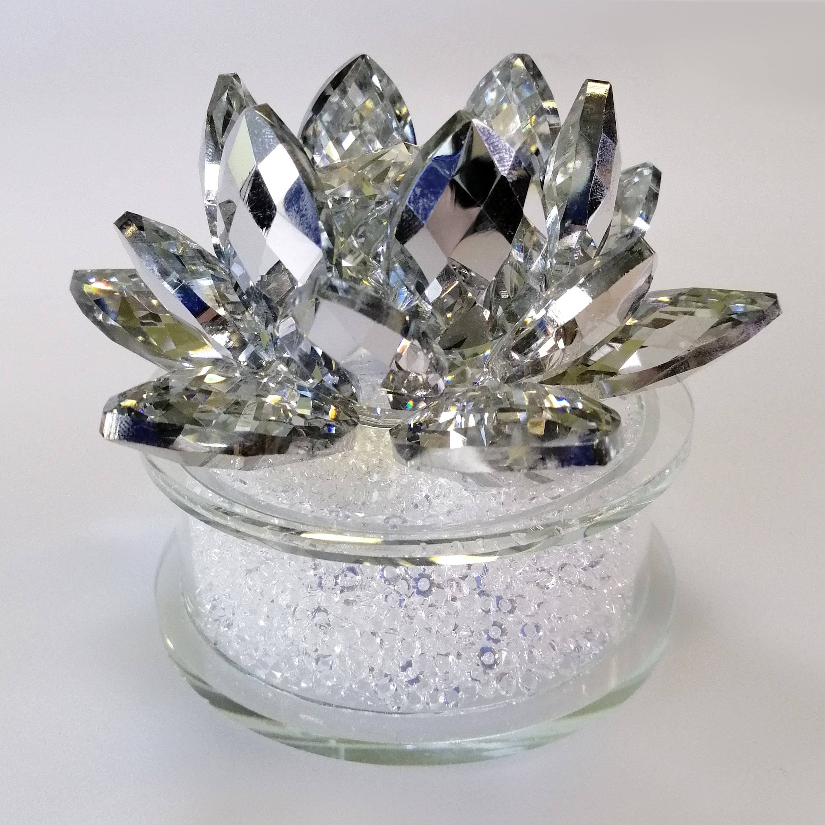 Cut Glass Silver Tinge Flower with Clear Orb & White Confetti Base