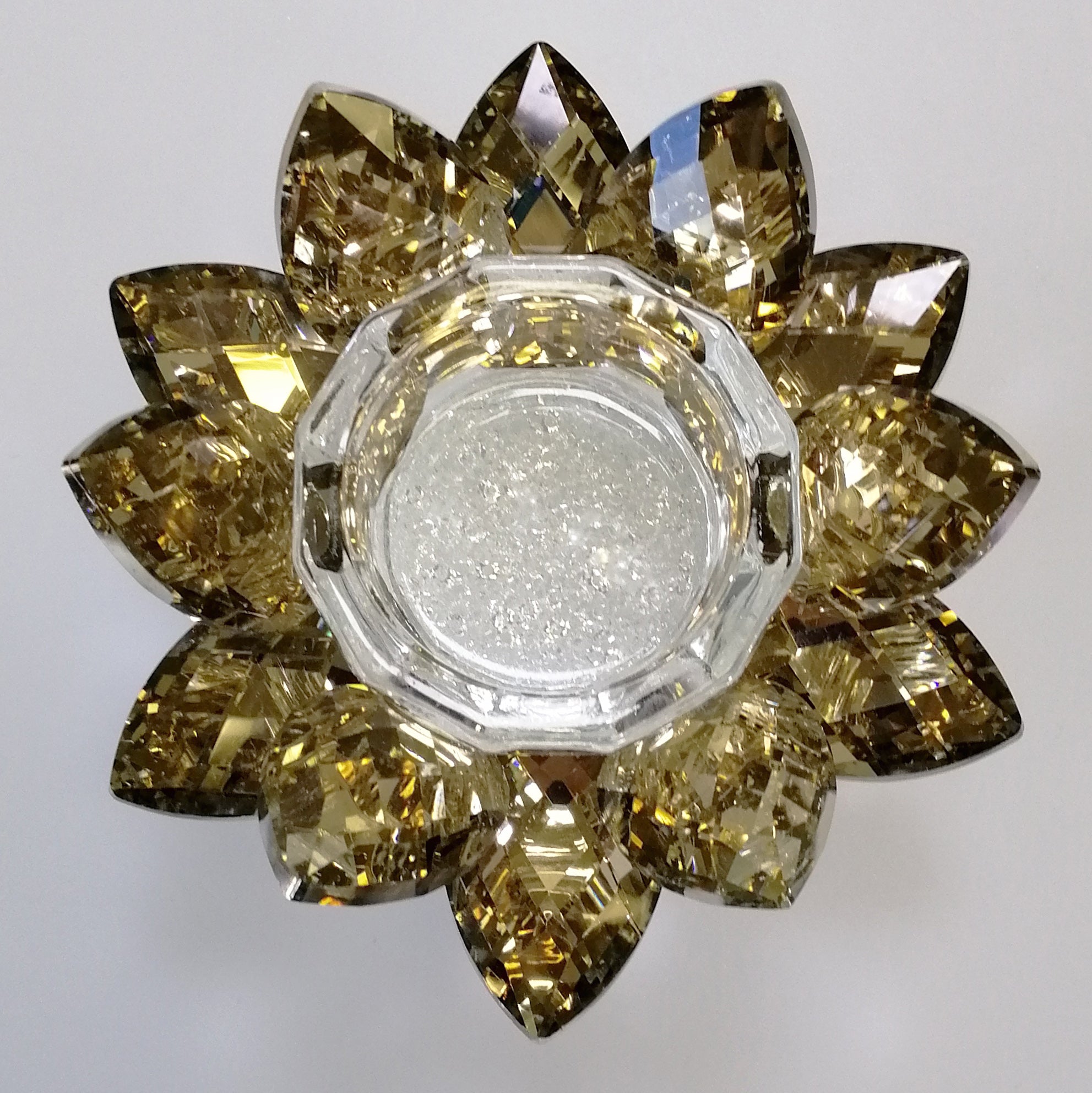 Gold Tinge Glass Flower Tealight Holder with White Confetti Base