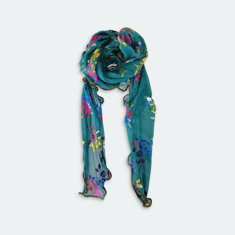 Triangle Floral Foil Net Scarf - Teal