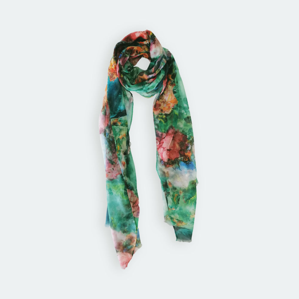 Monet Style Floral Scarf - Green