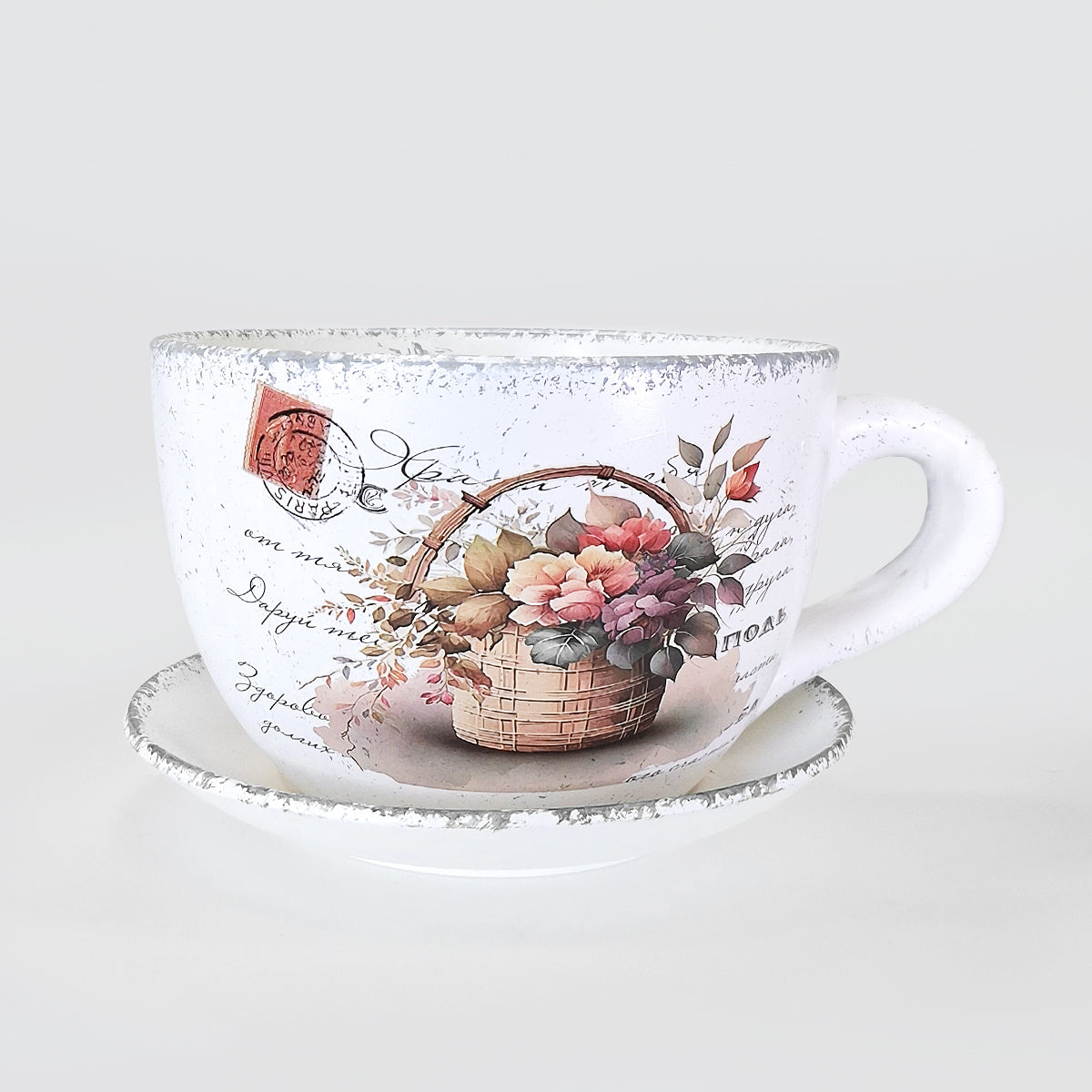 Tea Cup Planter - Basket Of Flowers