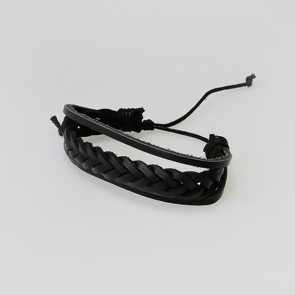 Leather Bracelet - Black Woven 3pc