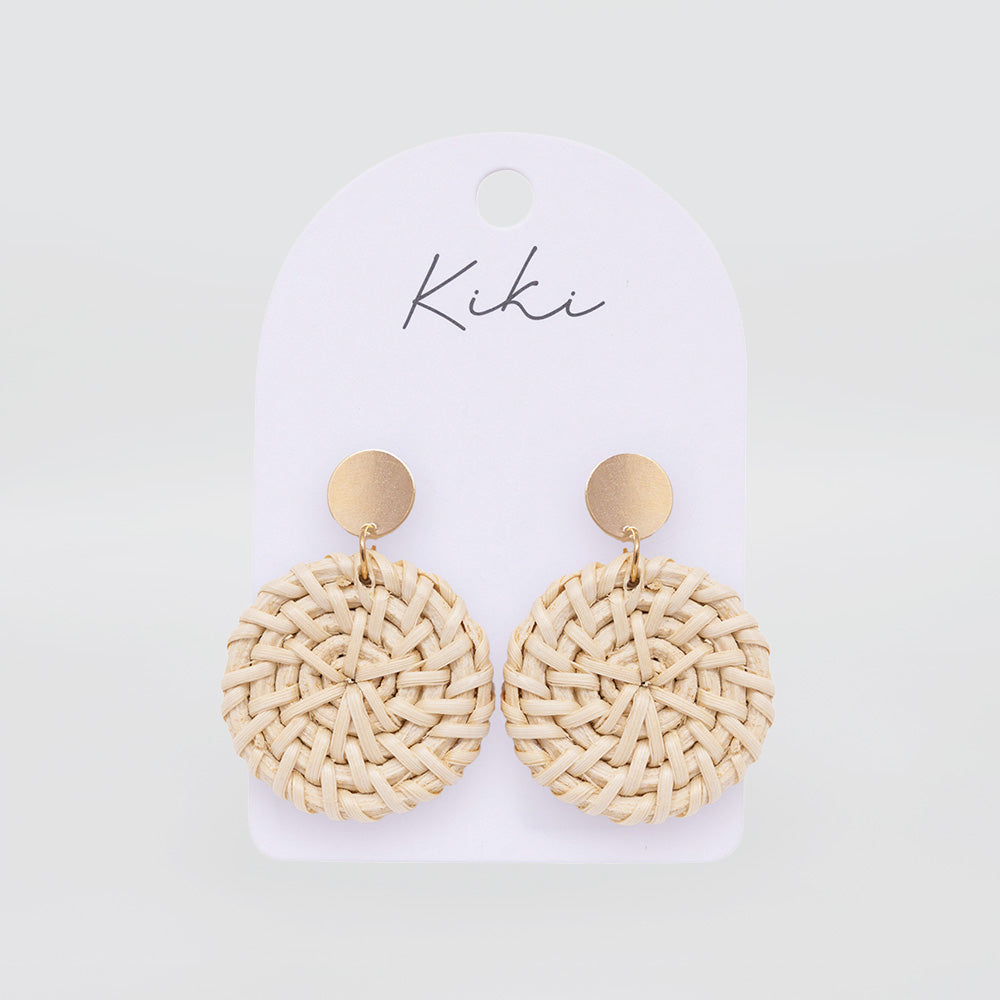 Round Cream Rattan Earrings
