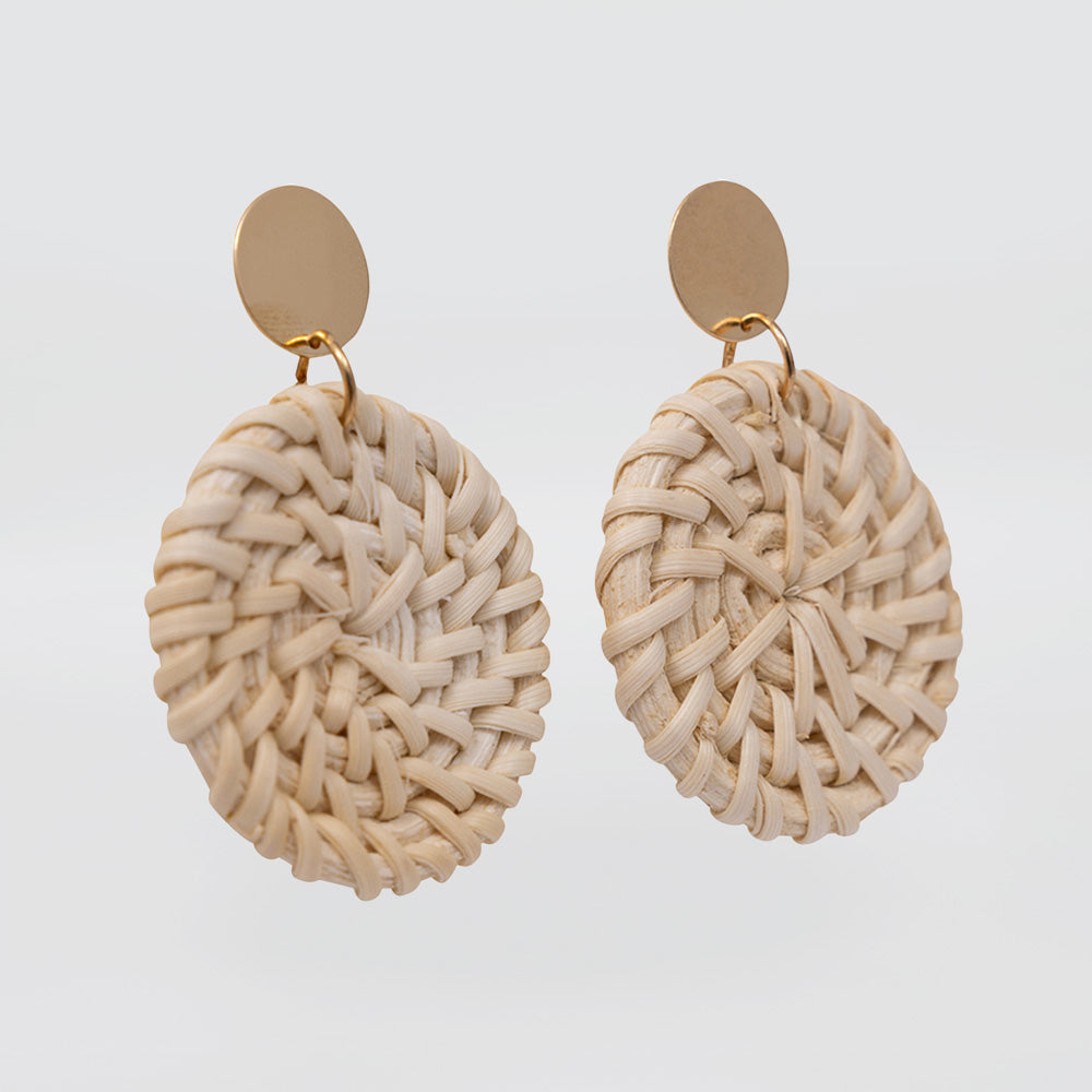 Round Cream Rattan Earrings