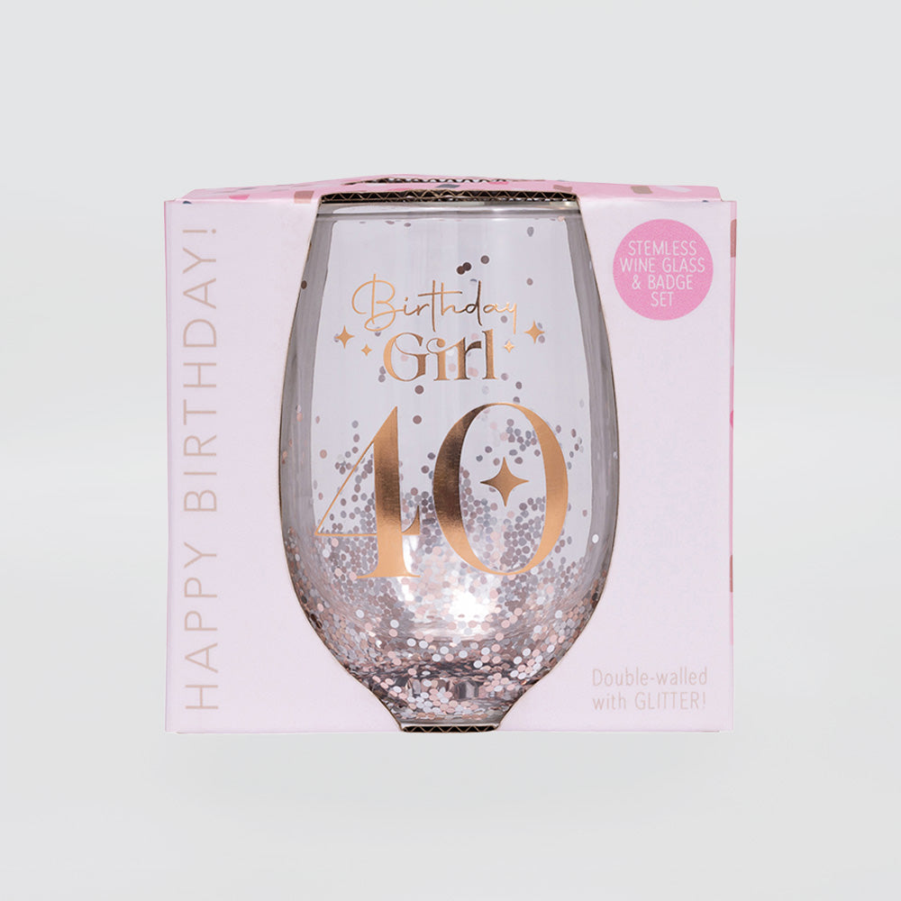 Glittery Stemless Glass - '40th'