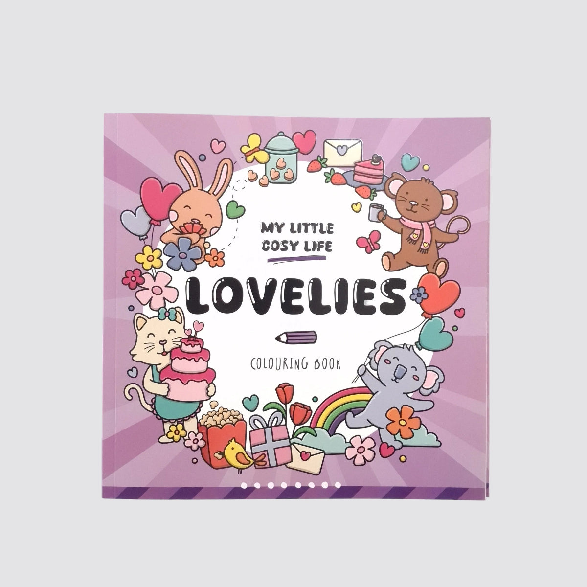 Coloring book titled 'My Little Cosy Life Lovelies' with cartoon animals and decorative elements on a pink background.