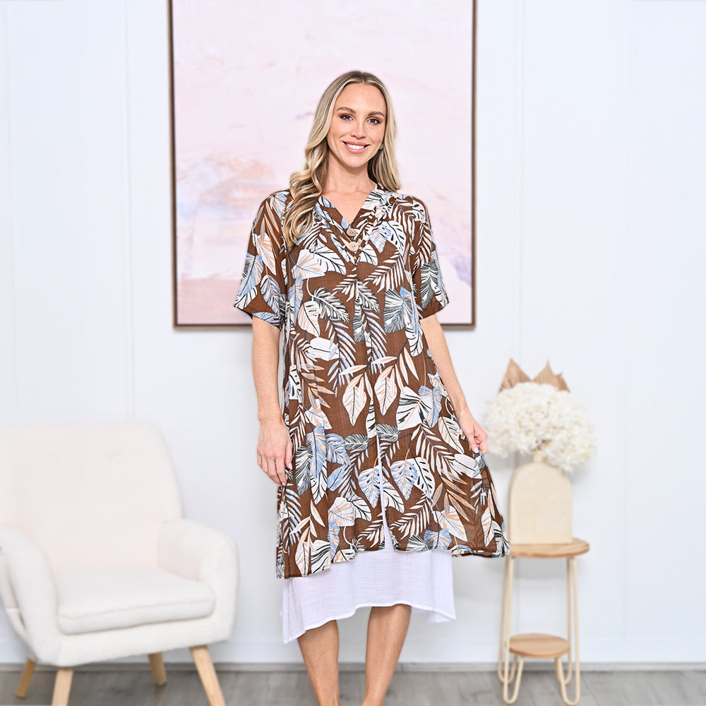 Cali&Co - 2 Button V-Neck Layered Dresses